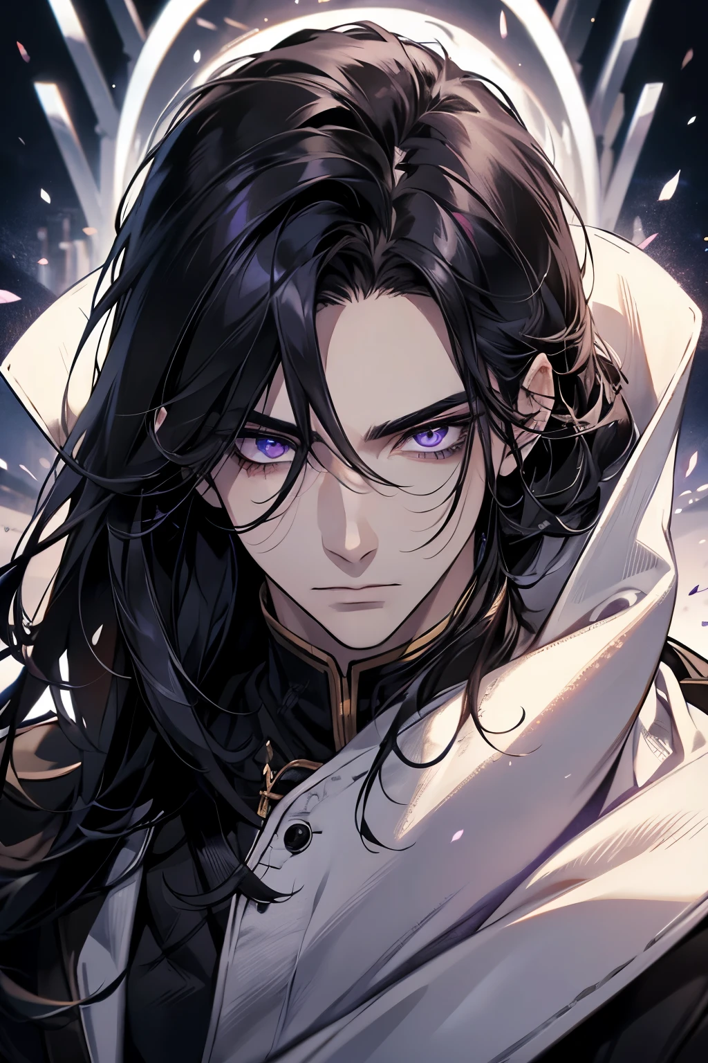 1 male, aldult, Handsome,cold expression,Long black hair,Upper body,purple eyes,clear eyes,close up,sharp eyes,noble