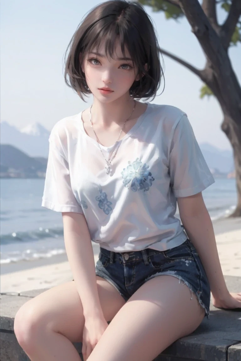 masterpiece, best quality, 1 girl, beach, sitting on a beach towel, short hair, Glasses, t-shirt, shorts, hat, blush, summer, soda can, Bag,shining