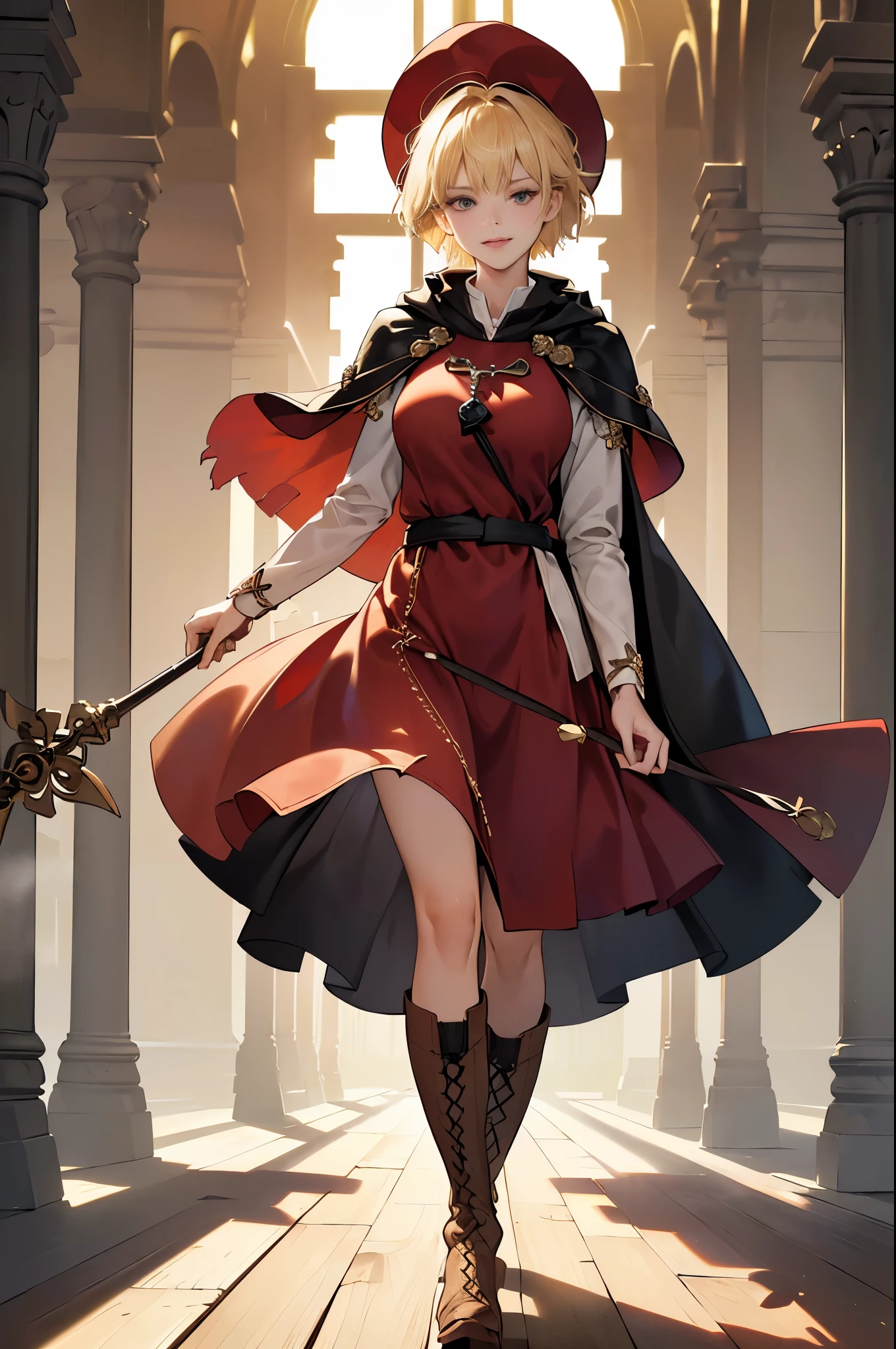 masterpiece, ultra detailed, 8k portrait, RAW photo, portrait photography, highly detailed face, beautiful and meticulous eyes, ((Fantasy)), Young beautiful, dynamic pose, kind face, smile, (((Blonde very short hair, bangs))), ((Priest)), wood necklace, clergy hat, (((long cloak))) fluttering in the wind, (((dark dull red oversized Priest tunic))), (((long skirt)), (((low boots))), ((holding long wood staff)), big shoulder bag, Midday Sun, hyper realistic, Body model, Big breasts, Beautiful breasts, Long legs, in the crowd, Ambient lighting, Shadow details , Camera focus on face, strong breeze, Light fog