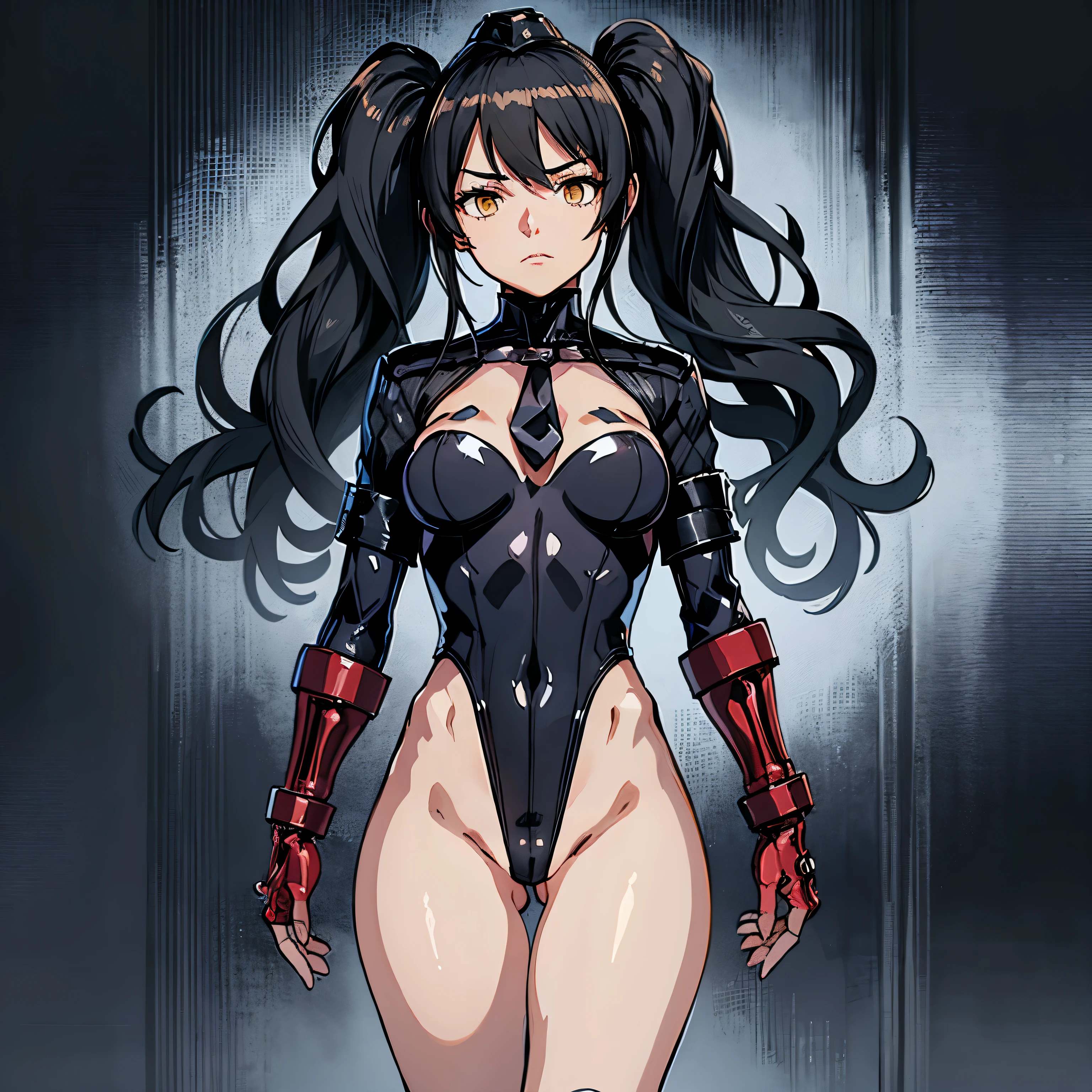 ultra-detailed, Explicit, Beautiful body, Beautiful Nose, Beautiful character design, perfect eyes, perfect face, ultra highres, 4K, beautiful legs, perfect legs, Nice hands, Perfect hand, Masterpiece, Best Quality, Highly detailed, illustration, absurdres, perfect anatomy, street fighter, doll suit, shadaloo doll, dollsuit, expressionless, blank eyes, looking at viewer, red gloves, emotionless, black latex, corrution, mind control, female combatant, full body, hypnotized, unhappy trance, full body suit, ribbed bodysuit, both arms at side, obey, perfect female body, extremely glossy latex, hypnosis, hypnoLora, empty eyes, Mind control device, poses, submissive_pose, Slave, standing straight, standing, standing at attention, hat, necktie, belt, latex, ribbed bodysuit, thighhighs, garter belt, Fighting Stance, extending the right arm from the shoulder into the air with a straightened hand, military, thigh boots, black pantyhose, (((pixel-perfect, detail-perfect))), solo, 1girl, hair ornaments, long hair, black hair, hair ribbon, yellow eyes, Scarecrow, Girls' Frontline, medium breast, twin tails, Scarecrow, sangvis ferri, gijoe-cc