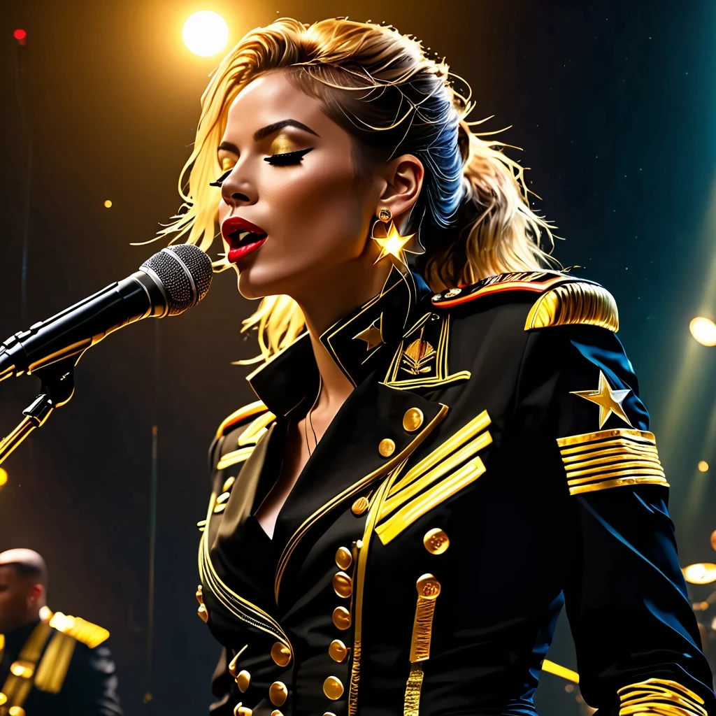 (best quality,4K,8K,High resolution,masterpiece:1.2), super detailed, (actual,photoactual,photo-actual:1.37), rock star, singer, Black tight military uniform, golden accents, Gliding through space, ecstatic singing, Stage lighting, rebellious, glitch art, punk attitude.Floating Extra Large Elegant Light DonMW15pXL