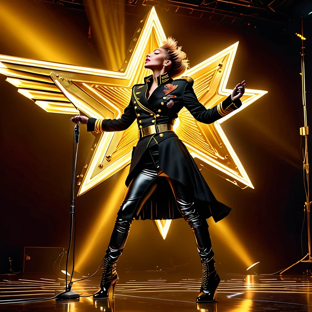 (best quality,4K,8K,High resolution,masterpiece:1.2), super detailed, (actual,photoactual,photo-actual:1.37), rock star, singer, Black tight military uniform, golden accents, Gliding through space, ecstatic singing, Stage lighting, rebellious, glitch art, punk attitude.Floating Extra Large Elegant Light DonMW15pXL