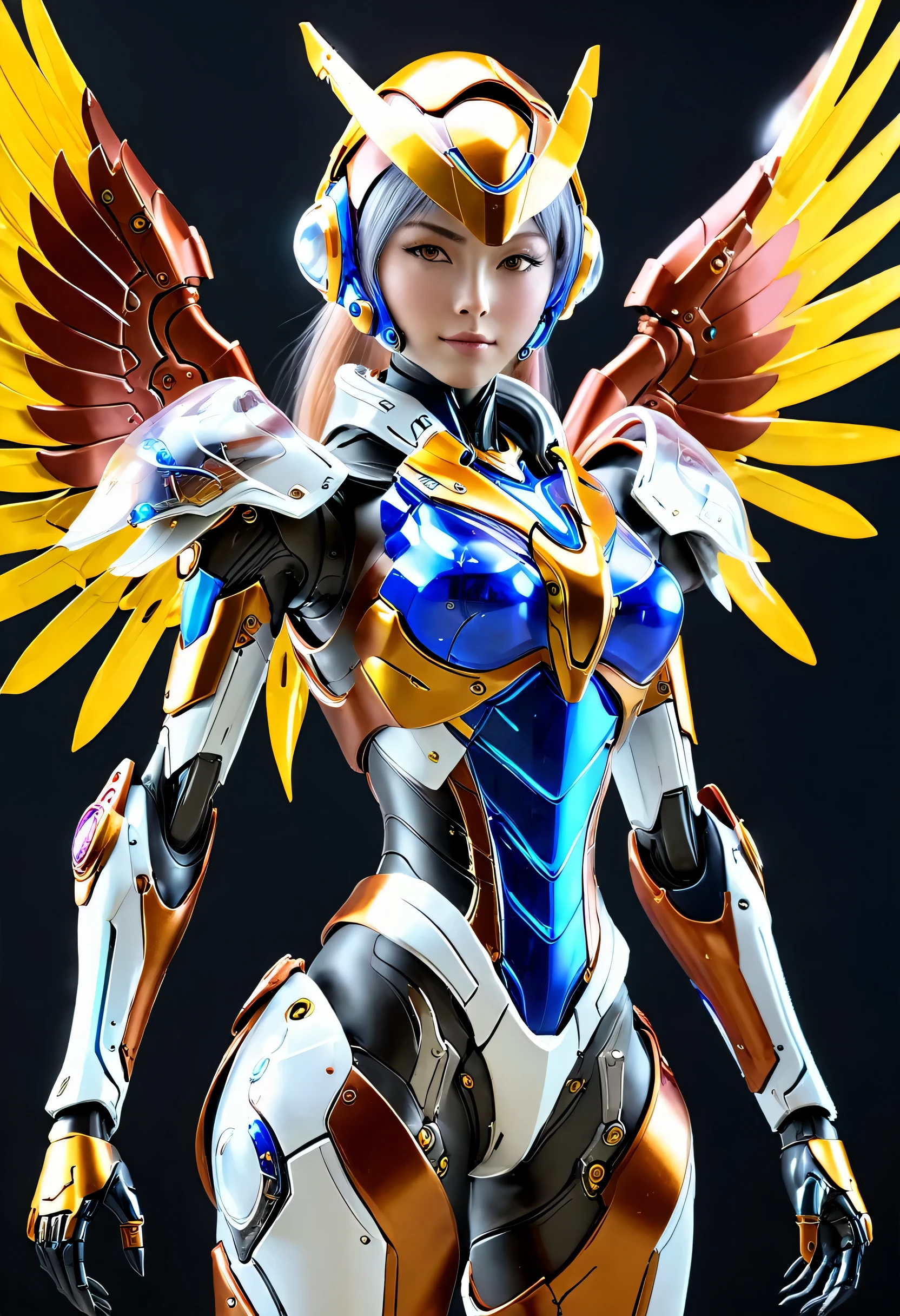 Wearing a mechanical suit, giant mechanical wings，Thousand Hands Kannon，cyberpunk, futuristic armor,arms， whole body, frontal pose, Transparent glass，rich and colorful，complicated (steel metal [rust]), United, Warframe style，Sailor Moon，Mecha girl