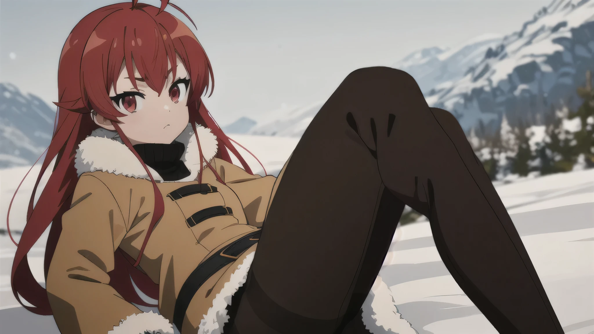 (masterpiece:1.4), (best quality:1.4), (((pixel-perfect, detail-perfect))), 1girl, solo, eris boreas greyrat, red hair, long hair, hair between eyes, ahoge, red eyes,  small breasts, winter clothes, karakul, fur-trimmed coat, long sleeves, open coat, gloves, black turtleneck sweater, fur-trimmed skirt, (black pantyhose, knee boots:1.45), looking at viewer, (detailed background, snowscape:1.45), detailed, flat, flat colors, 2D, (anime:1.45),  