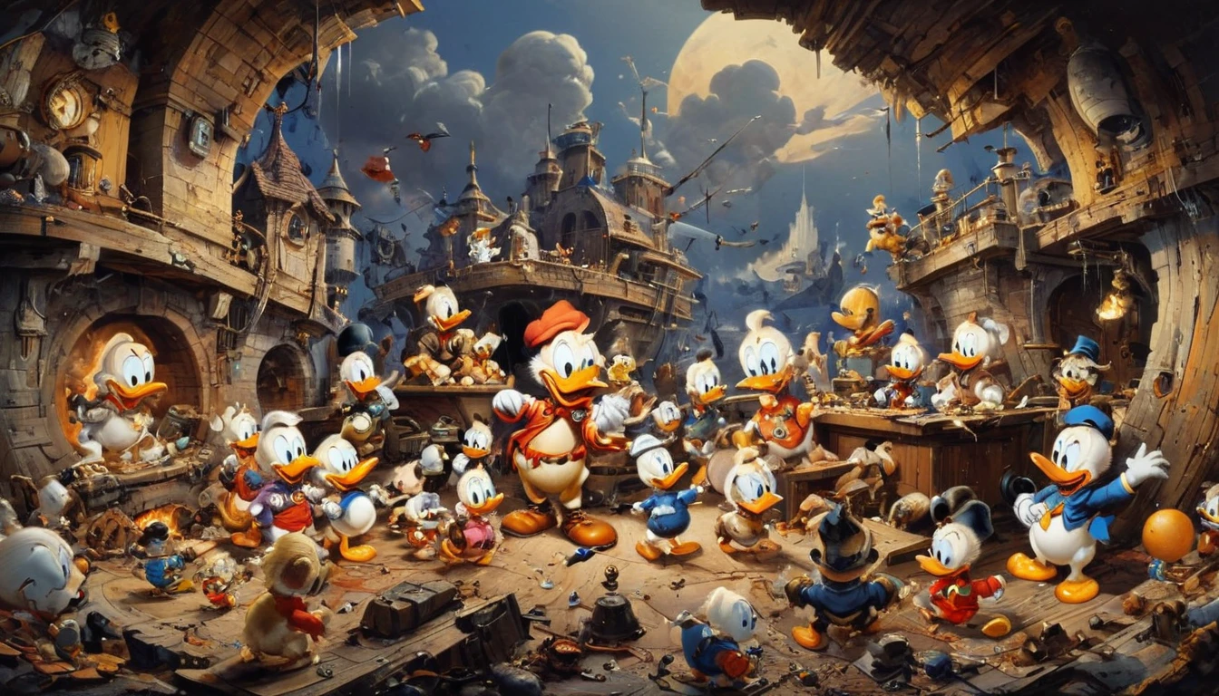 ultra-wide angle, by Carl Barks, (masterpiece, best quality, perfect composition, very aesthetic, absurdres, ultra-detailed, intricate details, Professional, official art, Representative work:1.3)
