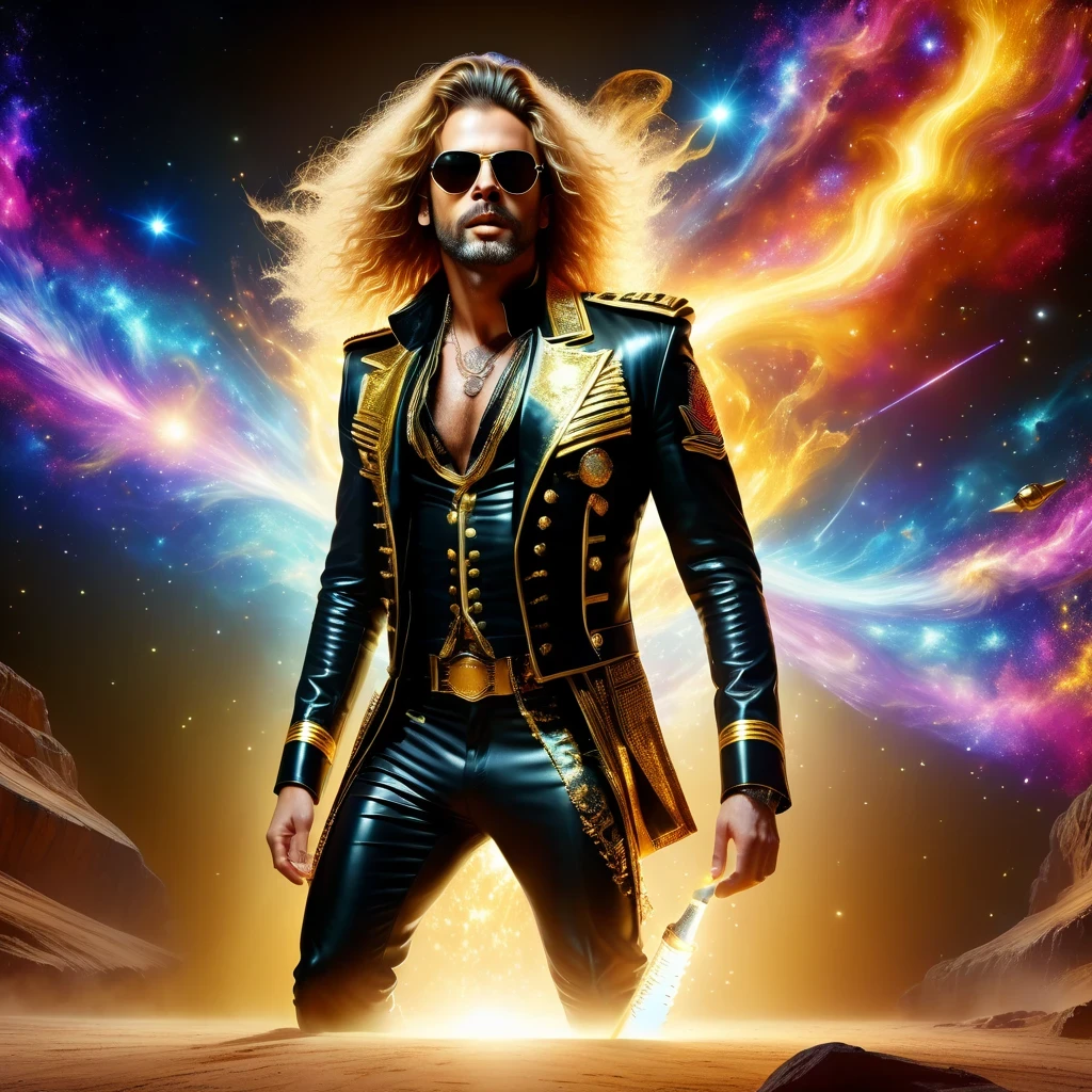 (best quality,4K,8K,High resolution,masterpiece:1.2), super detailed, (actual,photoactual,photo-actual:1.37), rock star, singer, Black tight military uniform, golden accents, Gliding through space, ecstatic singing, Stage lighting, rebellious, glitch art, punk attitude.Floating Extra Large Elegant Light DonMW15pXL