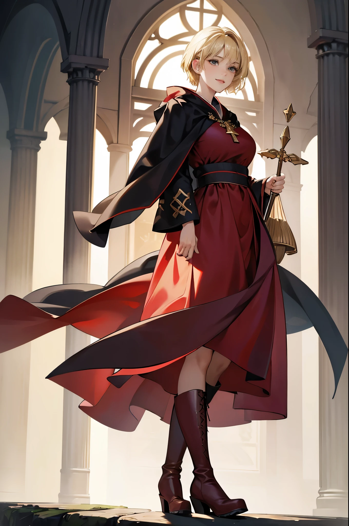 masterpiece, ultra detailed, 8k portrait, RAW photo, portrait photography, highly detailed face, beautiful and meticulous eyes, ((Fantasy)), Young beautiful, dynamic pose, kind face, smile, (((Blonde very short hair, bangs))), ((Priest)), wood necklace, clergy hat, (((long cloak))) fluttering in the wind, (((dark dull red oversized Priest robe))), (((long skirt)), (((low boots))), ((holding long wood staff)), big shoulder bag, Midday Sun, hyper realistic, Body model, Big breasts, Beautiful breasts, Long legs, in the crowd, Ambient lighting, Shadow details , Camera focus on face, strong breeze, Light fog