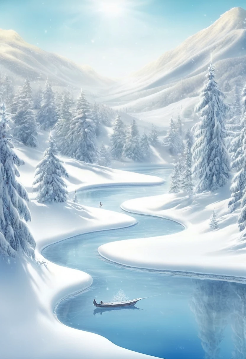 An aerial shot of a vast, ultra-wide-angle scene with only white snow.(no tree) Endless winter snow scene, ultra-wide angle scene, high definition,best quality, Very detailed, masterpiece, Illustration in surreal art style，Surreal dream, high definition, exquisite and beautiful