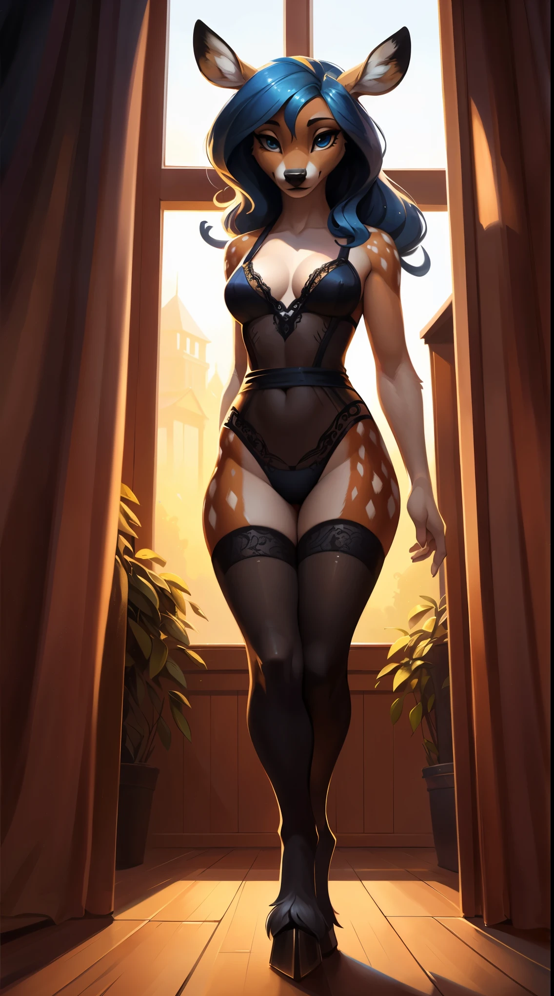 uploaded on e621, by Pixelsketcher, by Bayard Wu, by Thomas Benjamin Kennington, by Einshelm, solo anthro, ((Portrait)), ((Wear a sheer dress)), (random Lace Models Underwear), ((mouth open)), (detailed Bonifasko lighting), Nature Goddess, (Detailed fur), (detailed skin), (Cinematic lighting), ((Detailed background, into a wardrobe)), (half body shadow), [Backlighting], [crepuscular ray], [Detailed ambient light], [gray natural lighting], [ambient light on the belly], (higher wildlife feral detail), [explicit content], [sharp-focus], (shaded), hands on the waist, ((Long asymmetrical wavy hair, azure hair)), pectoral muscles, Fluffy fallow deer, Wave the sallow Face, furry fantasy art, anthro art, commission for high res, Furry art, pov furry art, Sakimichan is beautiful, small breasts, Best Quality, Detailed image, Bright colors, Detailed Face, perfect  lighting, Perfect shadows, Perfect eyes, focus on girl, flawless face, gorgeous body, Hourglass body, feet focus, Girl Lan, Fluffy, fluffy woman, Body fur, Animal nose, muzzle, two-toned fur, gaze at the viewer, half closed eyes, 1girl, full body, (Masterpiece:1.2), (Best Quality:1.2), (illustartion:1.2), (Cinematic lighting:1.3), hands on the elastic stockings, Detailed fur, Balanced coloring, Fallow deer, (short deer tail), Furry, showing hips, cleavage, attractive body, sexy body, looking a viewer, seductive gaze, thick-thighs, fit body, Best Stockings, (hooves covered with stockings), Suggested Pose, Seductive Leg Pose, Dressing room, ((action: put on stockings)), view from the side, ((one foot stand on the padded stool))