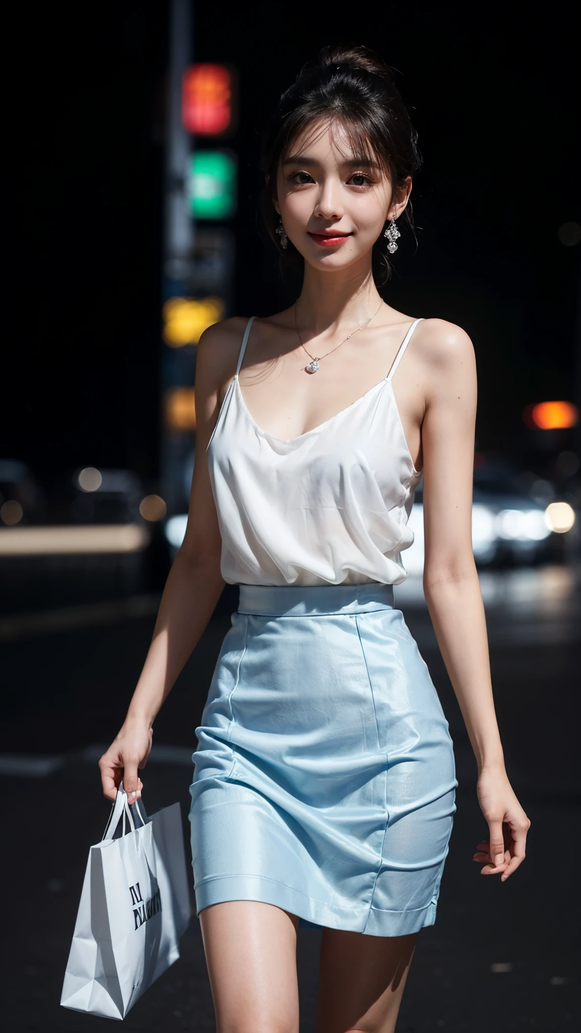 8k, masterpiece, RAW photo, best quality, photorealistic, extremely detailed CG unity 8k wallpaper, Depth of field, Cinematic Light, Lens Flare, Ray tracing, (extremely beautiful face, beautiful lips, beautiful eyes), intricate detail face, ((ultra detailed skin)) 1girl, in the dark, deep shadow, pretty korean girl, kpop idol,(very slim slender fit-muscled body:1.3), ((looking at viewer)),(big smile:1.3), (night, (neon sign), (blurry background), midnight, (without people in the background:1.3), pretty korean girl, white diamond earrings, bracelets, necklace, clear eyes, walking , front shot, (pale skin), face forward, (big eyes), full body shot, ((see through blouse)), (hot Cyan color blouse)), ((laced skirt)), (looking at viewer:1.3), very slim, Perfect body figure, Super Round breasts under dress, breasts, Shopping bags in hands , above knee length skirt, updo hair, short hair, turning front, (Front shot), medium butts