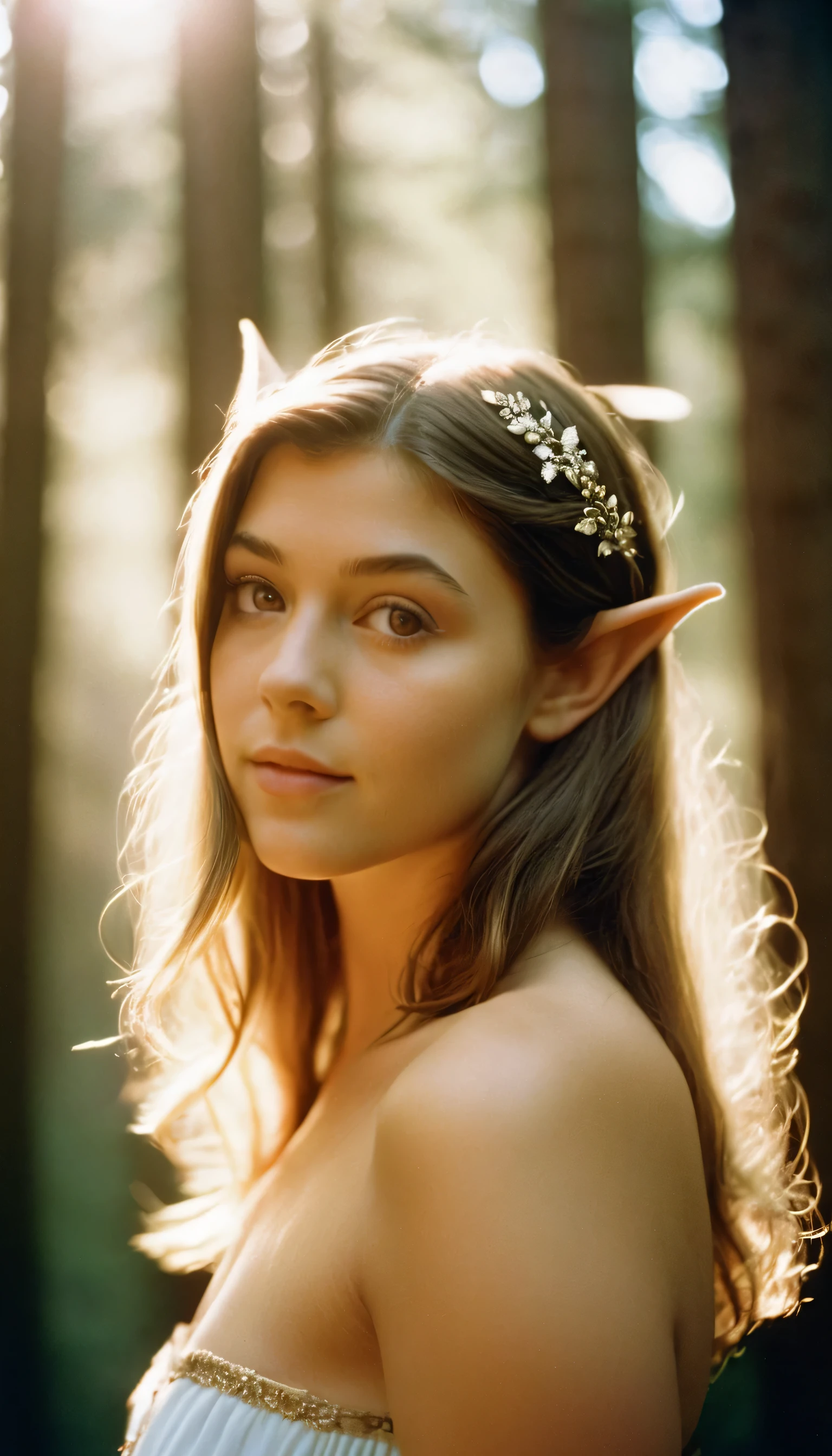 analog film photo, photo of a young girl, 18 years-old, (tube top:1.1), elf, elf ears, long pointy ear tips, brown eyes, light-brown sun-tanned skin, pretty, natural beauty, resembles a young Mary Elizabeth Winstead, misty morning, elven forest, RAW Photograph, dslr, soft lighting, high quality, film grain, Fujifilm XT3, detailed skin with visible pores, insane details, masterpiece, 8k, 35mm photograph, dslr, kodachrome, faded film, desaturated, 35mm photo, grainy, vintage, Kodachrome, Lomography, stained, highly detailed, found footage, full-body, elven ears