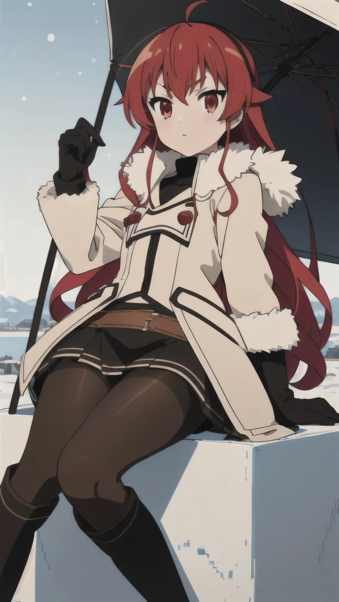 (masterpiece:1.4), (best quality:1.4), (((pixel-perfect, detail-perfect))), 1girl, solo, eris boreas greyrat, red hair, long hair, hair between eyes, ahoge, red eyes, small breasts, winter clothes, karakul, fur-trimmed coat, long sleeves, open coat, gloves, black turtleneck sweater, fur-trimmed skirt, (black pantyhose, knee boots:1.45), looking at viewer, (detailed background, snowscape:1.45), detailed, flat, flat colors, 2D, (anime:1.45),