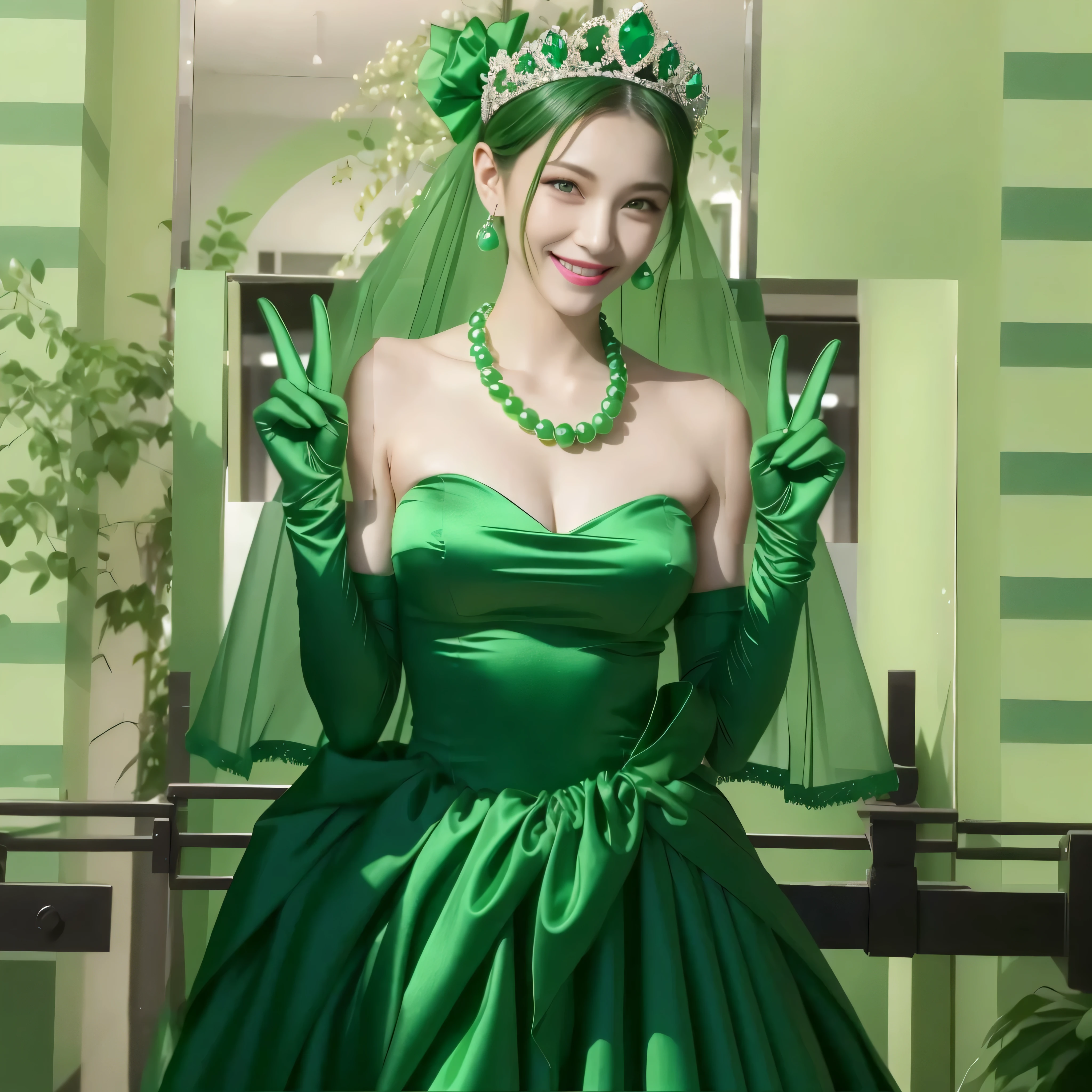 emerald tiara, green pearl necklace, Boyish green berry short hair, lipstick, Smiling Japan woman, very short hair, big breasts beautiful, green eyes, Green long gloves made of satin material, green eyes, V sign, emerald earrings, 30 generation women
