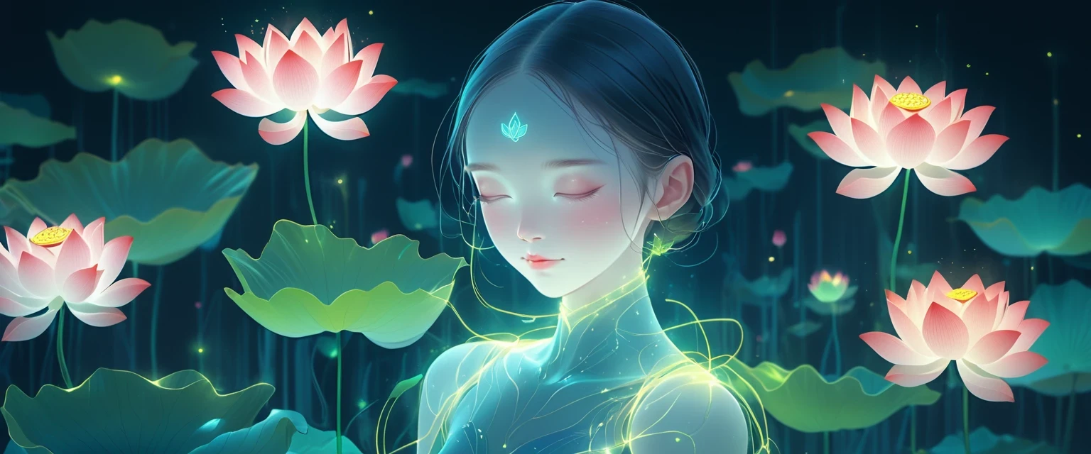(masterpiece, best quality:1.2), digital art style, charming illustration,Peace pictures,1 girl, lotus,alone,body glow,glowing line,fluorescence,Luminous example,Tracking example,flash,萤light particles,backlight,translucent,light particles,correct human anatomy,