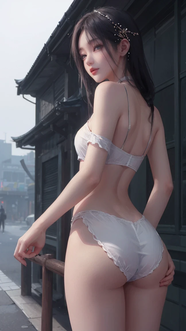 (best quality, masterpiece:1.4), actual, Delicate skin, from behind, from below, looking at the audience, (street, City:1.2), 1 girl, (Korean mixed blood, K-pop idol:1.2), pale skin, (slender figure, thin thighs:1.25), Thigh clearance, side breasts, (White off-shoulder crop top, (Red) underwear, bottomless pit), small (buttocks), crowd