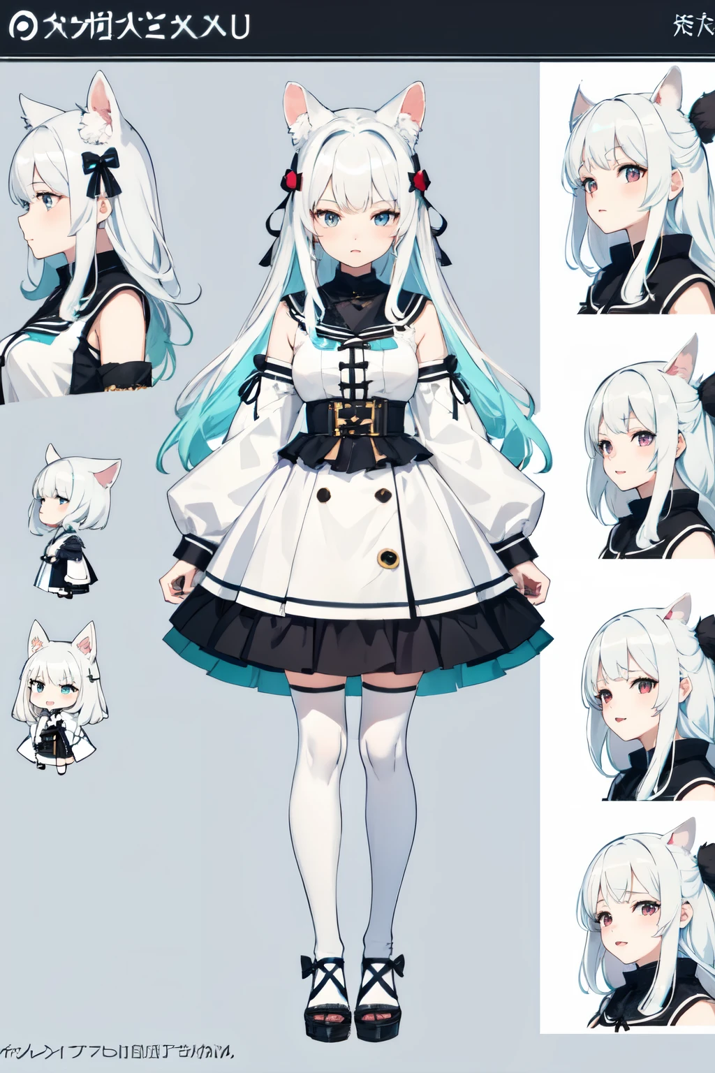 1girl, white hair, skirt, thighhighs, casual, cute, reference sheet, vtuber, light blue, chinchilla girl, spirit pet, jirai kei, yamikawaii, chinese, chinchilla ears, light blue color palette, vibrant pastel colors, cute anime vtuber reference sheet, long flowy hair