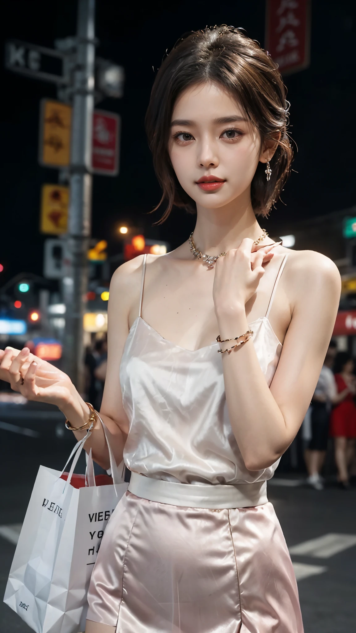 8k, masterpiece, RAW photo, best quality, photorealistic, extremely detailed CG unity 8k wallpaper, Depth of field, Cinematic Light, Lens Flare, Ray tracing, (extremely beautiful face, beautiful lips, beautiful eyes), intricate detail face, ((ultra detailed skin)) 1girl, in the dark, deep shadow, pretty korean girl, kpop idol,(very slim slender fit-muscled body:1.3), ((looking at viewer)),(big smile:1.3), (night, (neon sign), (blurry background), midnight, (without people in the background:1.3), pretty korean girl, white diamond earrings, bracelets, necklace, clear eyes, walking , front shot, (pale skin), face forward, (big eyes), full body shot, ((see through blouse)), (hot Red color blouse)), ((dark pink laced skirt)), (looking at viewer:1.3), very slim, Perfect body figure, Super Round breasts under dress, breasts, Shopping bags in hands , above knee length skirt, updo hair, short hair, turning front, (Front shot), medium butts