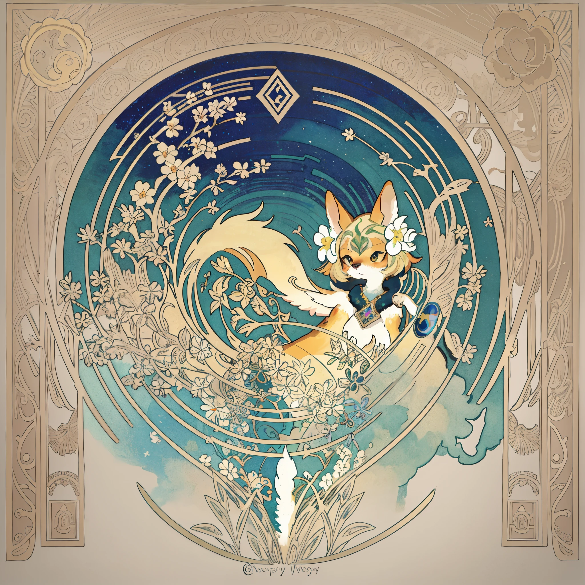 highres, top quality, best quality, paid reward available, High-quality illustrations by Alfons Mucha, unparalleled masterpiece, perfect artwork, absurdres, logo mark, stamp, Geometric pattern, vector-art, masterpiece(kemono, furry anthro)flower,