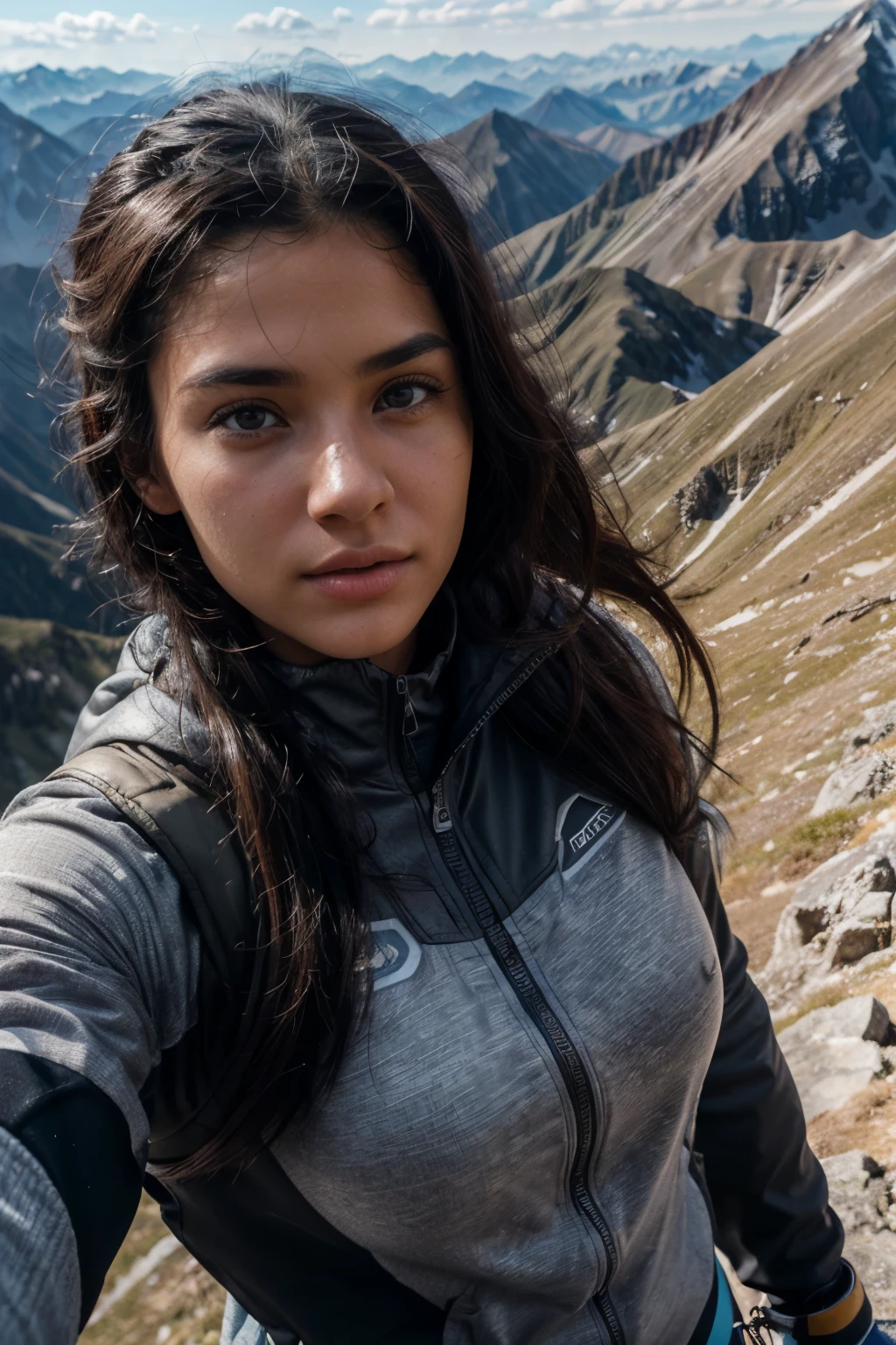 (best quality), ((Ultra detailed)), Photo of a woman, Mountaineering high up on the summit, tight-fitting clothing with mountaineering equipment, 18 years old, sunlight, Perfect Body, Perfect rare face, (very detailed skin), black colored hair, Skin texture, Sharp focus on rare face, Perfect brown eyes, (Photorealistic), Film grain,