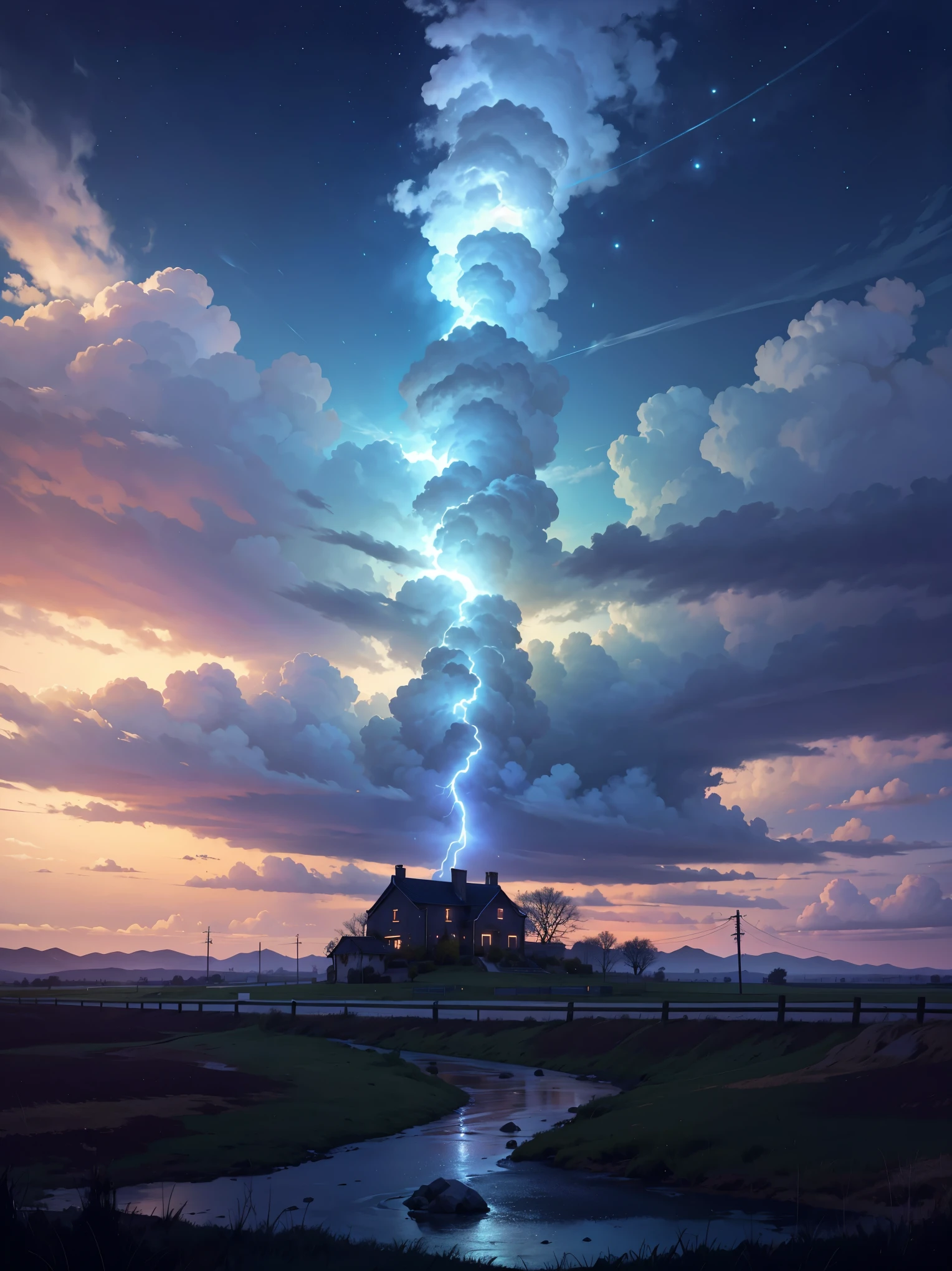 Tornado elecrtico en medio de una tormenta,el cielo nublado ,sin sol,con lluvia y viento,luces de los rayos,destellos cegadores,todo el cielo cubierto de rayos,tornado girando,tornado gigante con rayos dentro y fuera,there is a river and a small country house,profundidad 3d,perspectiva perfecta,profundidad de campo realista,imagen realista y detallada,de alta calidad,una obra maestra