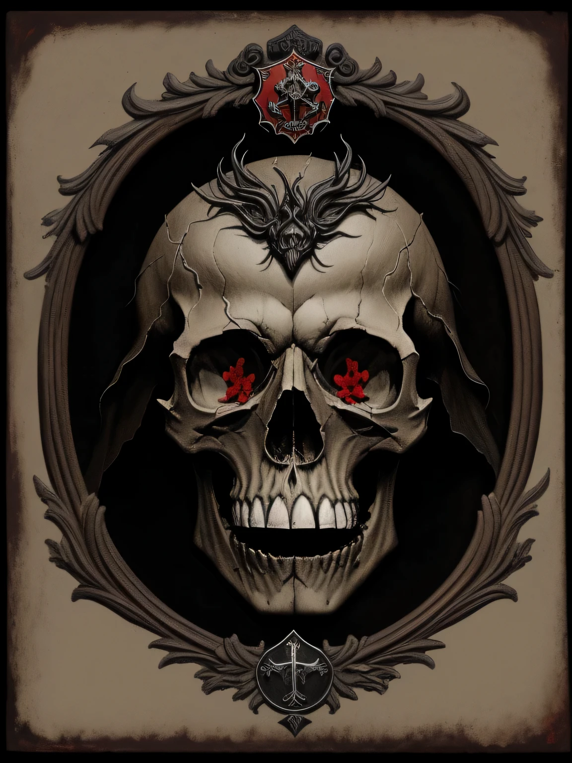 Dark and Ancient Coat of Arms, skull, Cores Avermelhadas e Pretas, natural lighting, Estilo vintage, rustic, symbolic elements, Texturas Desgastadas, detalhes intrincados, atmosfera escura, Mystery, envelhecido, oil painting, skull is a center the image, Logo, Imperial, 19th-century, 8k, rock and roll, Motoclub