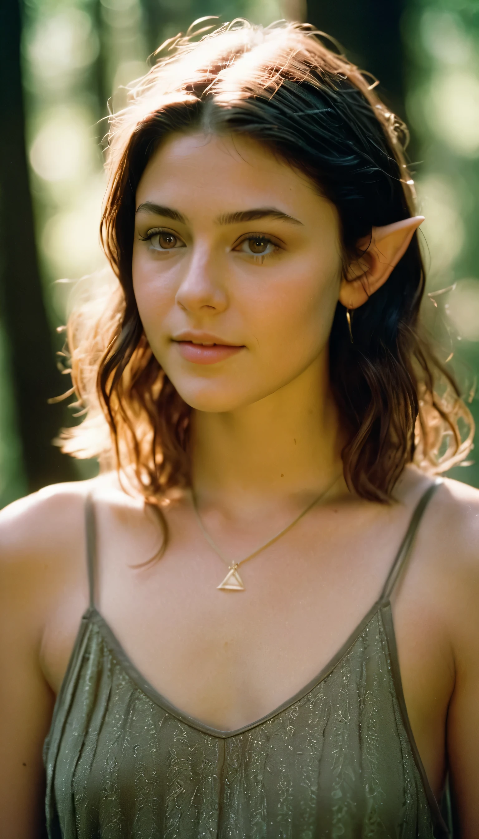 analog film photo, photo of a young girl, 18 years-old, (damp tank top:1.1), elf, elf ears, long pointy ear tips, brown eyes, light-brown sun-tanned skin, pretty, natural beauty, resembles a young Mary Elizabeth Winstead, humid day, elven forest, sweaty skin, wet clothes, RAW Photograph, dslr, soft lighting, high quality, film grain, Fujifilm XT3, detailed skin with visible pores, insane details, masterpiece, 8k, 35mm photograph, dslr, kodachrome, faded film, desaturated, 35mm photo, grainy, vintage, Kodachrome, Lomography, stained, highly detailed, found footage, full-body, elven ears