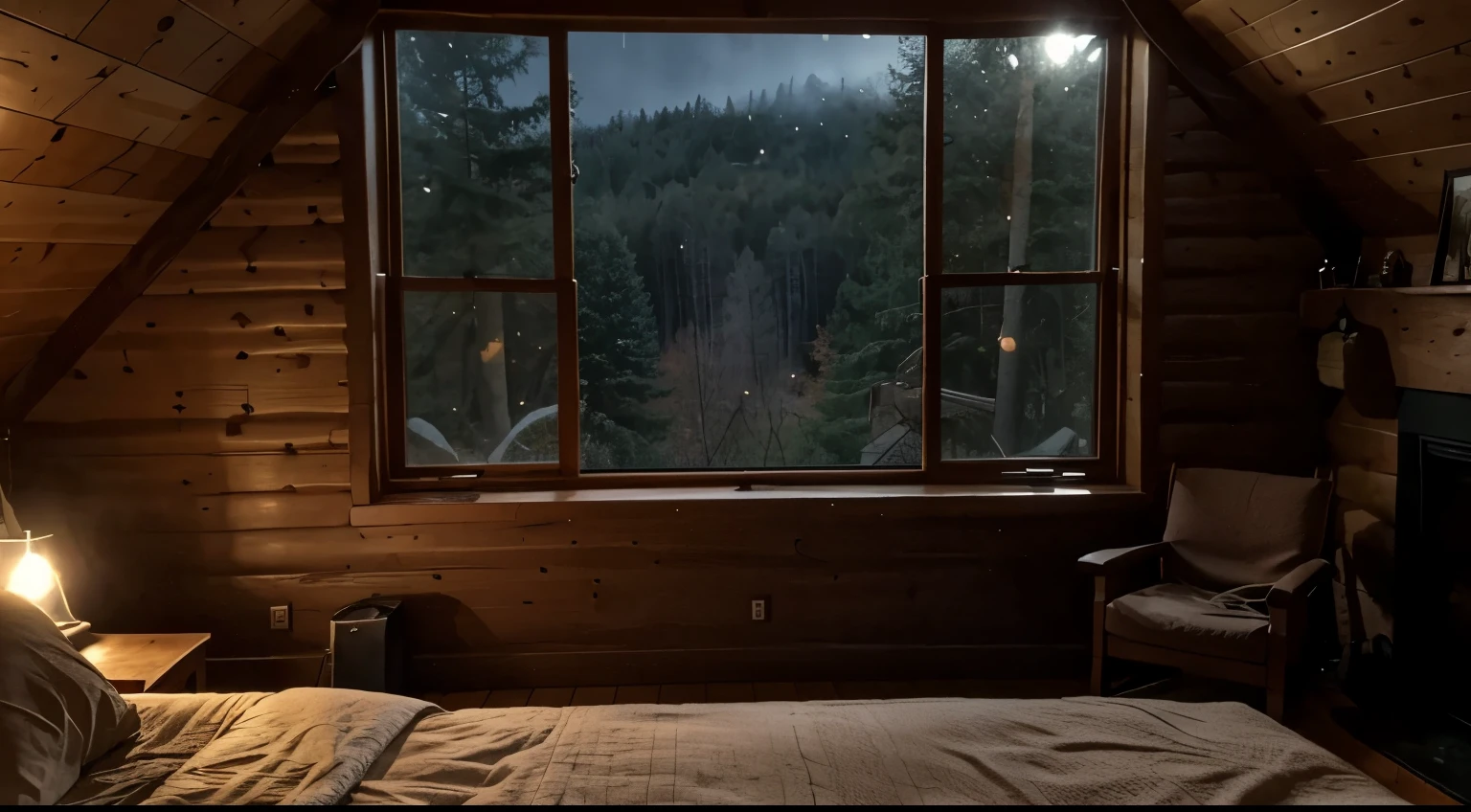 Bedroom with fireplace,There is a bed in front of the window, Large windows with views of the forest at night, cozy place, cozy environment, Comfortable and peaceful atmosphere, cosy atmoshpere, cozy room, cozy and calm, Cozy atmosphere, relaxing environment, Dark bedroom, Comfortable tree house bedroom, Comfortable wallpaper, bedroom full of fire, cozy night fireflies, comfortable atmosphere