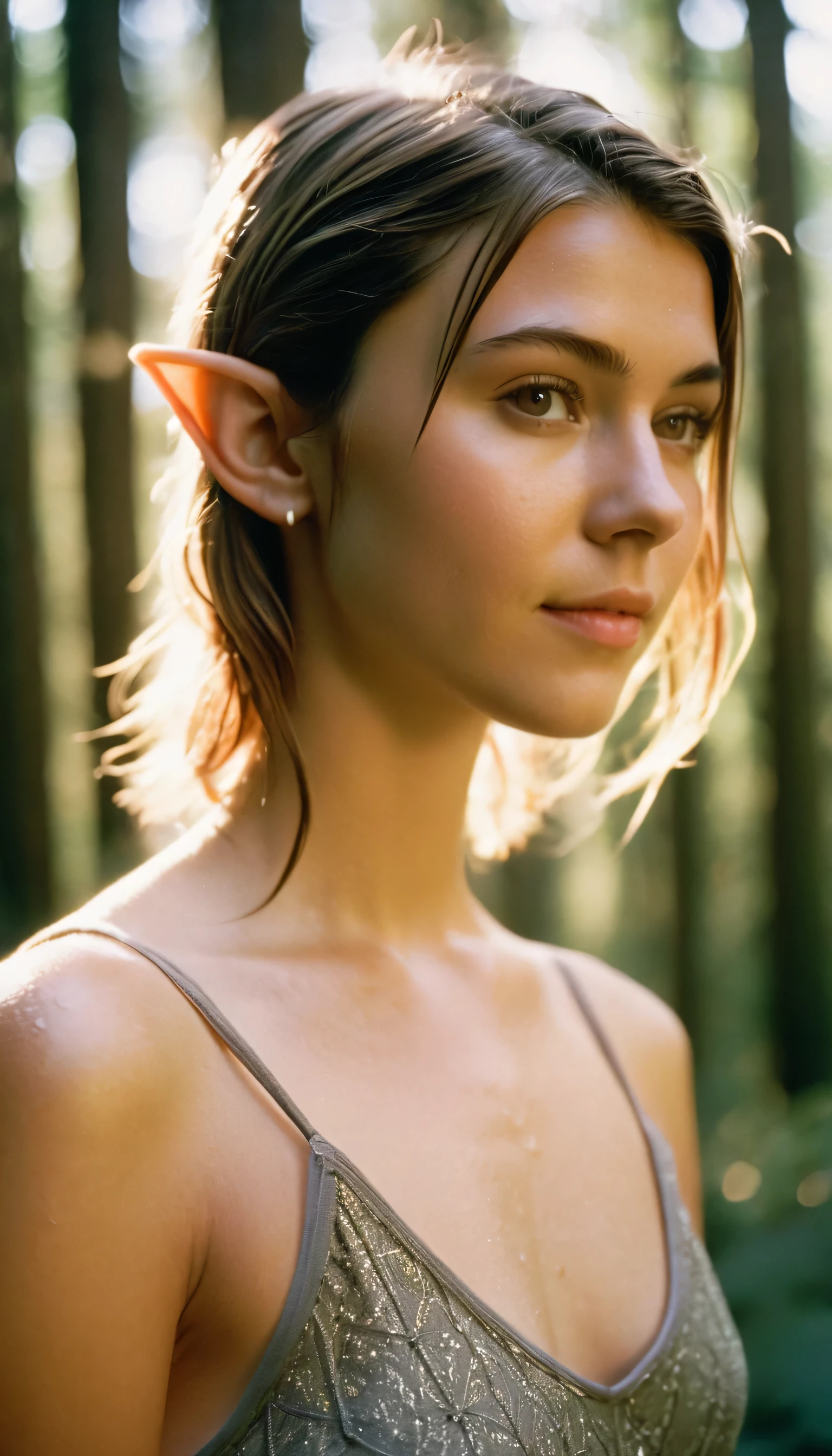 analog film photo, photo of a young girl, 18 years-old, (damp tank top:1.1), elf, elf ears, long pointy ear tips, brown eyes, light-brown sun-tanned skin, pretty, natural beauty, resembles a young Mary Elizabeth Winstead, humid day, elven forest, sweaty skin, wet clothes, RAW Photograph, dslr, soft lighting, high quality, film grain, Fujifilm XT3, detailed skin with visible pores, insane details, masterpiece, 8k, 35mm photograph, dslr, kodachrome, faded film, desaturated, 35mm photo, grainy, vintage, Kodachrome, Lomography, stained, highly detailed, found footage, upper-body shot, elven ears