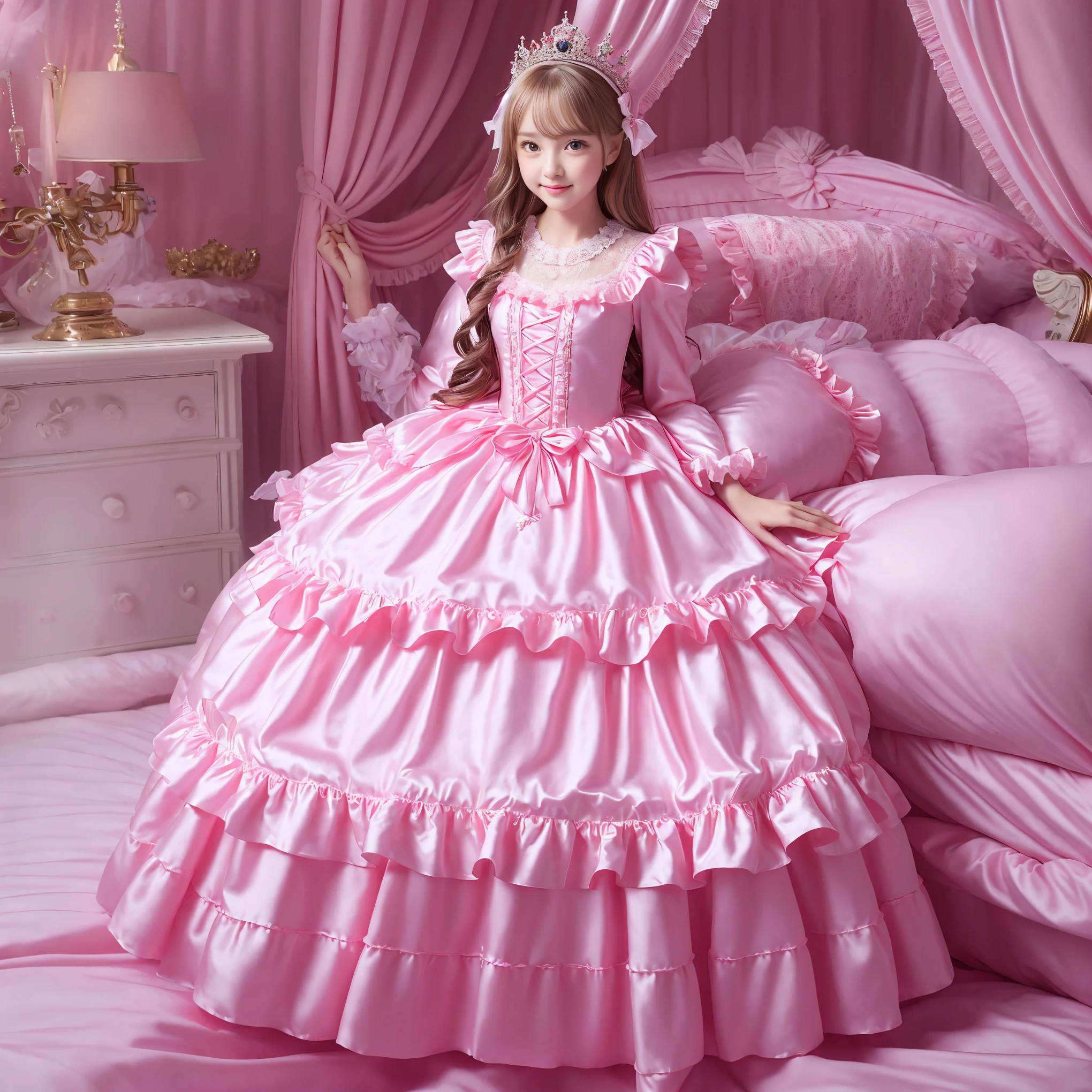 ,highest quality, masterpiece, highest resolution, artwork, super それにget used to it, many get used to it, get used to it, それにget used to it, 3K realistic photos,,((10 year old little girls)),Super detailed baby face,both are princesses,detailed luxury tiara,Full length ball gown dress with hoop skirt,ruffled yoke collar,Detailed braided ribbon on chest,puff sleeves,long sleeve,((lolita style hot pink princess satin dress、Comes with lots of frills and ribbons。)),crazy'colorful fashion,shiny silk satin dress,soft and smooth silk satin fabric,luxury,Very long blonde hair,blue eyes,white skin european,pajamas,Princess dancing happily,gorgeous flowing dress,fine white frills and lace,Super long hair that is as tall as your body,white long socks,drawers with lots of frills,castle bedroom at night,Super long flowing hair,Behind them is a luxurious king-sized bed with a huge canopy.,Pink pillow with lots of frills,Silk satin pink curtains with luxurious ruffles and ribbons surround the bed,princess sitting on bed,lots of pillows piled up on the bed,(((Both legs are completely hidden inside the dress.))),((((round futon)))),((((A large ruffled futon that covers the entire bed)))),detailed comforter,Detailed bed sheets,bed skirt with ruffles,Deep bed,background with depth,