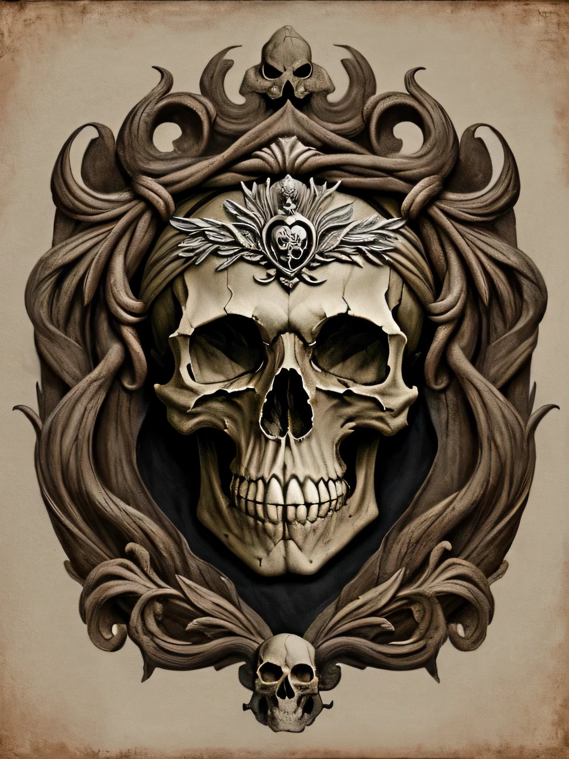 Escuro e Antigo, coat of arms, skull, Cores Avermelhadas e Pretas, natural lighting, Estilo vintage, rustic, symbolic elements, Texturas Desgastadas, detalhes intrincados, atmosfera escura, Mystery, envelhecido, oil painting, skull is a center the image, Logo, Imperial, 19th-century, 8k, rock and roll, Motoclub, Gothic image style, arte em camisetas, 