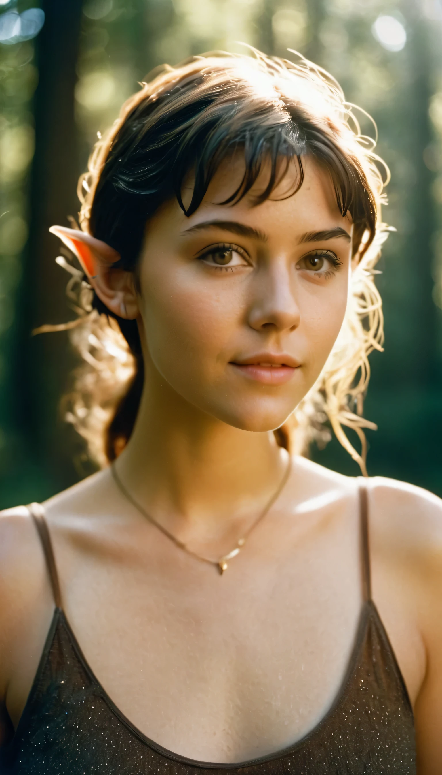 analog film photo, photo of a young girl, 18 years-old, (damp tank top:1.1), elf, elf ears, long pointy ear tips, brown eyes, light-brown sun-tanned skin, pretty, natural beauty, resembles a young Mary Elizabeth Winstead, humid day, elven forest, sweaty skin, wet clothes, RAW Photograph, dslr, soft lighting, high quality, film grain, Fujifilm XT3, detailed skin with visible pores, insane details, masterpiece, 8k, 35mm photograph, dslr, kodachrome, faded film, desaturated, 35mm photo, grainy, vintage, Kodachrome, Lomography, stained, highly detailed, found footage, full-body, elven ears
