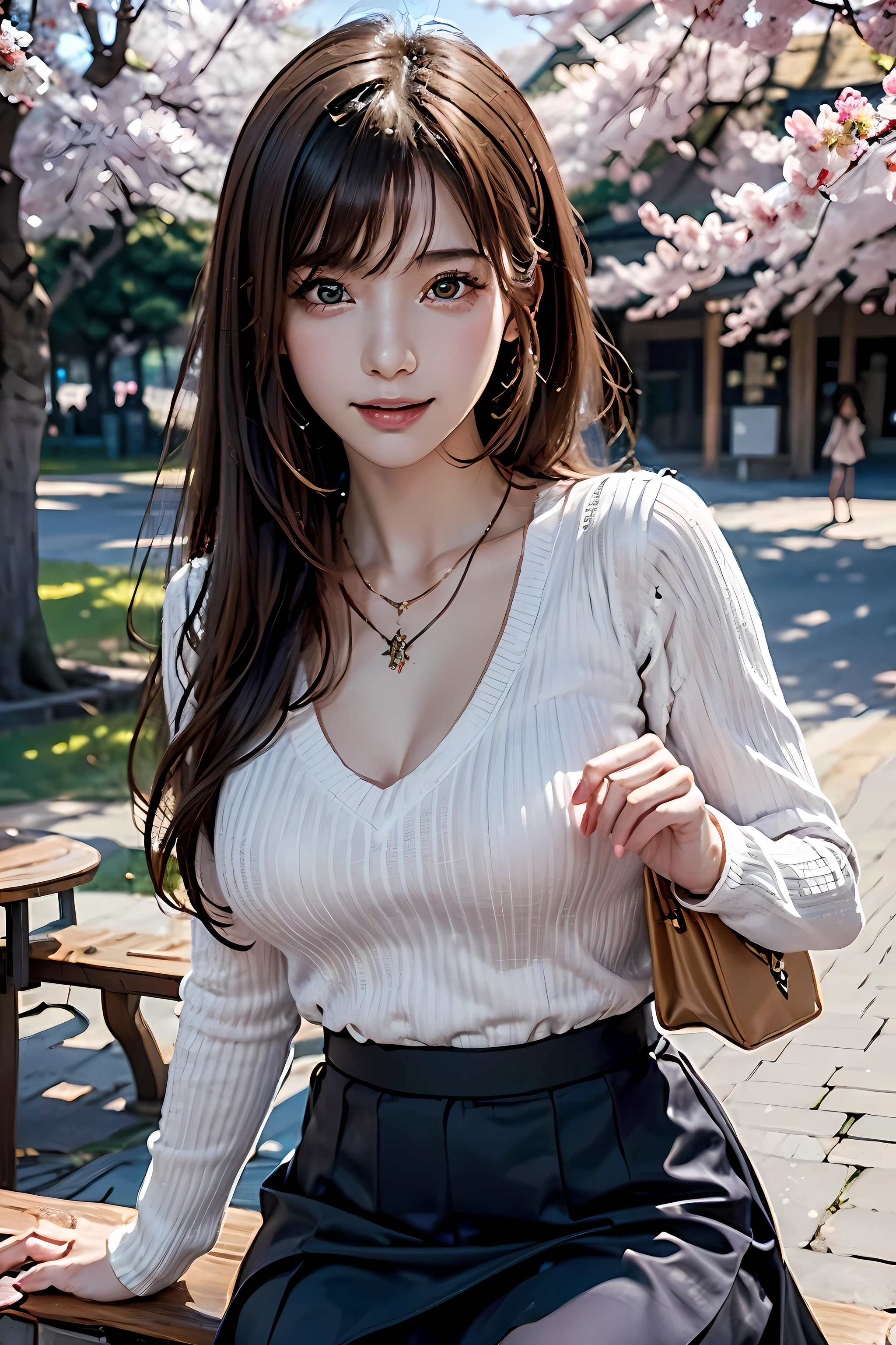 ((on the table, best quality, High resolution, north african free trade area, Pixel perfect, depth of field, 4K, north african free trade area, north african free trade area))), 1 girl in, single, alone, beautiful anime girl, beautiful art style, anime characters, ((long hair, Bangs, brown hair)), ((green eyes:1.4, round eyes, beautiful eyelashes, realistic eyes)), ((Detailed face, blush:1.2)), ((smooth texture:0.75, lifelike texture:0.65, lifelike:1.1, Anime CG style)), ((medium breasts, Split, full)), Dynamic angle, Perfect body, ((view, selfie pose, portrait)), ((white sweater, long sleeve, black skirt, Plaid skirt, fashionable, 1 handbag, 1 diamond necklace)), Smile, open mouth, amusement park, ((Cherry tree, Cherry blossoms fall))