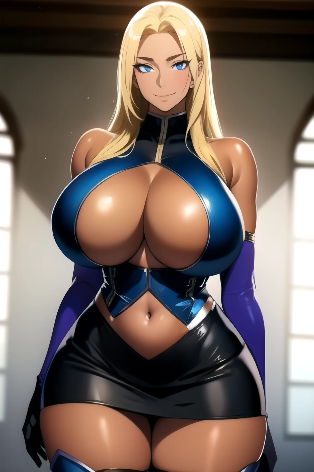masterpiece, best quality, absurdres, 8k, perfect shadows,perfect lighting,hdr, cowboy shot,shiny skin,?????????????, beautiful body, kafka, ((blonde hair: 1.4)), long hair, blue eyes,  (black crop top, underboob, elbow gloves, thigh boots, black split skirt, ???? shoulders, curvy, midriff, curvy, thighs, higheels, shiny clothes), complex detailed background, inside, luxury palace) (????????????????,hourglass body, thin waist,very slim waist)extremely detailed face,detailed eye makeup, detail face, nice detailed eyes,nice hands, perfect hands (realistic pupils,realistic iris:1) heavy eye makeup,glowing eyes, Bright eyes,standing,standing at attention,(seductive smile), ????????????????, curvy, (( tan skin: 1.2))