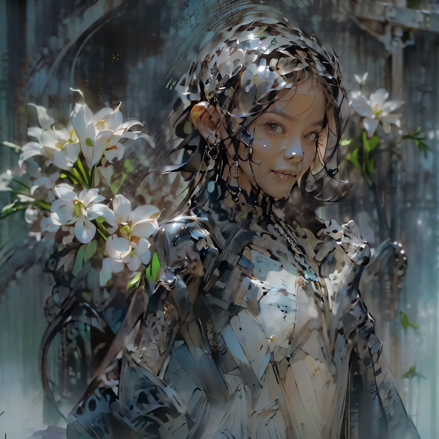 (((Create one girl 16+), (smoke, fire), (fantastic scene), (dramatic, lighting)))_(((Little , petite, chibi, full height), (thin graceful body, in full height - standing, firing from a powerful modern weapon), (beautiful figure, half a turn)_(16+ years)))_(((Very beautiful girl, small peach breasts, graceful figure, narrow waist, smooth hips )),((long double braids), (tight braids)),((braided hair), (long time haircut), (dark hair, black hair)))_((Scarlet lips)), ((smile)))_(((Shiny skin:1.5, white skin, light skin: 1.5, shiny body)))_(((Detailed face)),((sexy),(erotic),(cute, kawaii),(nsfw)))_(((Bare shoulders, black lace dress)),((black chiffon dress, very short dress))_(((tight-fitting),(black),(transparent lace dress)),((stands almost completely naked,with a small amount of clothing)), ((tiny thongs)), (arms in elbow pads, palms wearing tactical gloves),(bare thighs, thong,bare stomach, minimal clothing), (legs in combat knee pads, thigh-high stockings - sexy)),((massive leather lace-up boots)),((looks seductively at the viewer, embarrassed smile, shy, sexy, erotic)))_(((Dark background, realistic digital painting))_((Background, fantastic ship lock), (films; Lucas Arts, R.S. Giger "Alien", Giger's monsters)), ((stunning scene in a spaceship)),((alien flowers, skulls)), ((white alien lilies)), ((white lilies - large stems)))_(((Bright colors, cool soft shadows),(warm contrasting light, vibrant theme)), ((high contrast, photorealistic graphics: 1.37)),((digital painting, oil painting, wide wet brushstroke)),((best quality, 4k, high resolution, masterpiece: 1.2)),((ultra detail)), ((painting-professional execution)))_ (((Cinematic, digital painting),(soft clear shapes, wide strokes, attention to detail),(clear elegant line, color fill)))_(((High quality, 16K | Ultra HD | Full HD, cinematic rendering))).