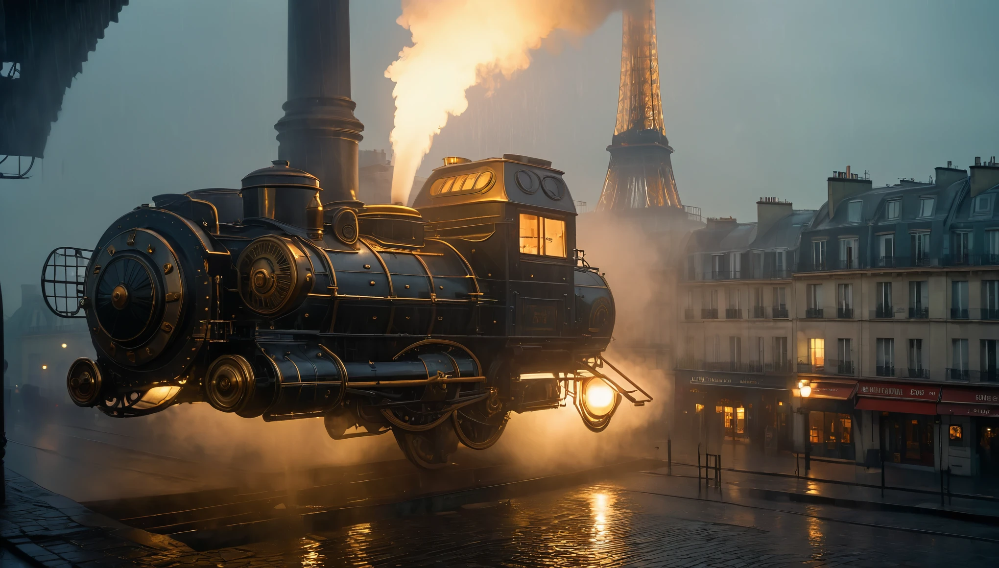A riveted high detailed steampunk Hover Machine Train, billowing smoke from its brass smokestacks, flying low the rain-slick cobblestone streets of Paris in 1908. Nestled amidst the brightly lit steamhouses, the train casts an ethereal glow as it glides majestically low. In the distance, the iconic silhouette of the Eiffel Tower is faintly visible through the downpour.