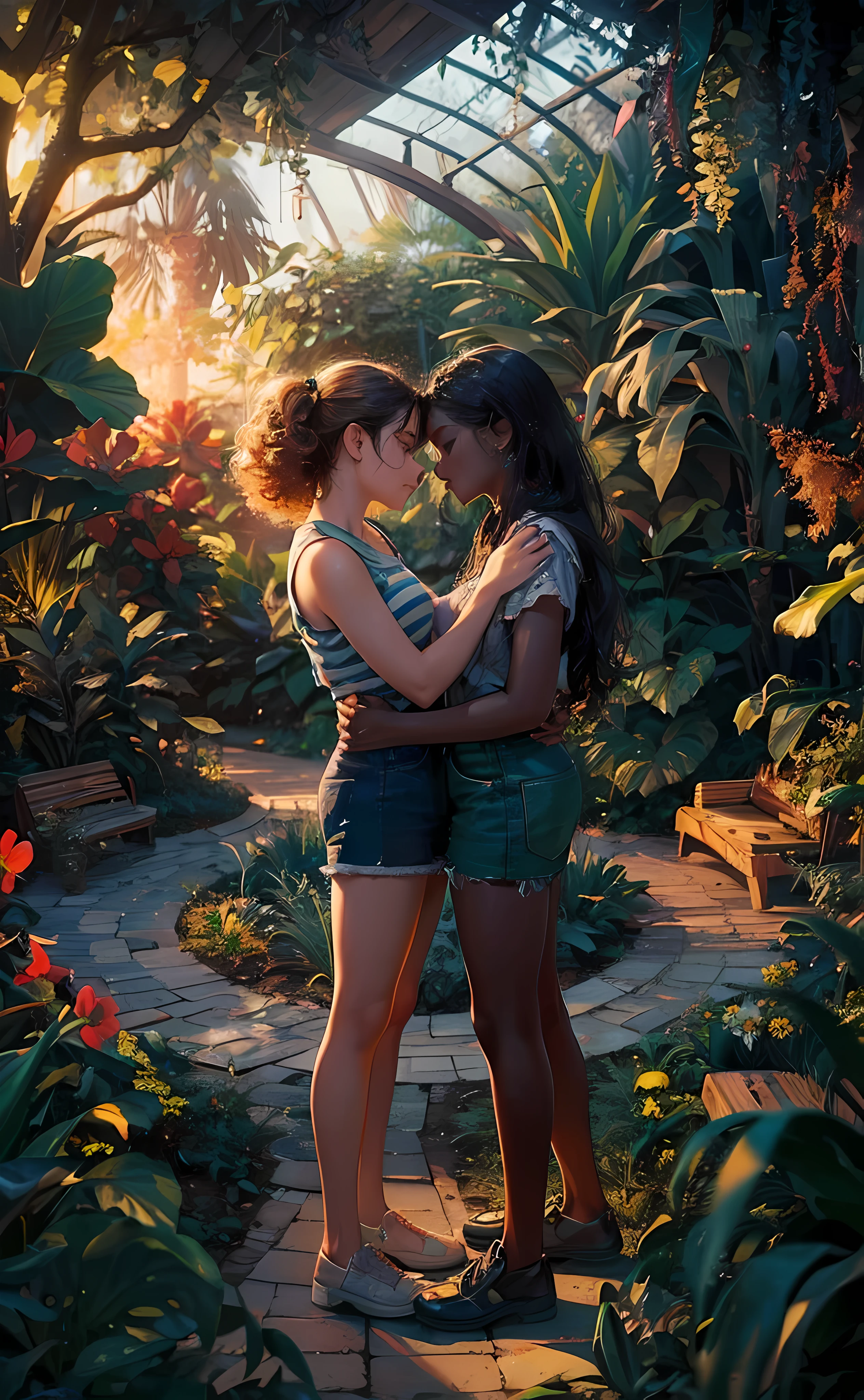 oilpainting Two teen girls kissing, one girl hugging to other, dynamic poses, rare angle camera shot, Location: A botanical greenhouse on an autumn afternoon. Climate: The air is fresh and crisp, with the scent of fallen leaves and blooming flowers. Ambience: Soft sunlight filters through the glass roof, creating a magical and serene atmosphere. The soft sound of water running in the fountains adds tranquility to the place. Time: Afternoon, with the golden light of sunset bathing the greenhouse. Ethnicities of the couples: An interracial couple, one with light skin tone and curly hair, the other with dark skin tone and straight hair. Clothing details: Girl 1 is wearing a cardigan and skinny jeans, while Girl 2 is wearing a warm-colored sweater and a long skirt. Background of the place: A greenhouse full of exotic plants and colorful flowers, with winding paths and wooden benches for resting