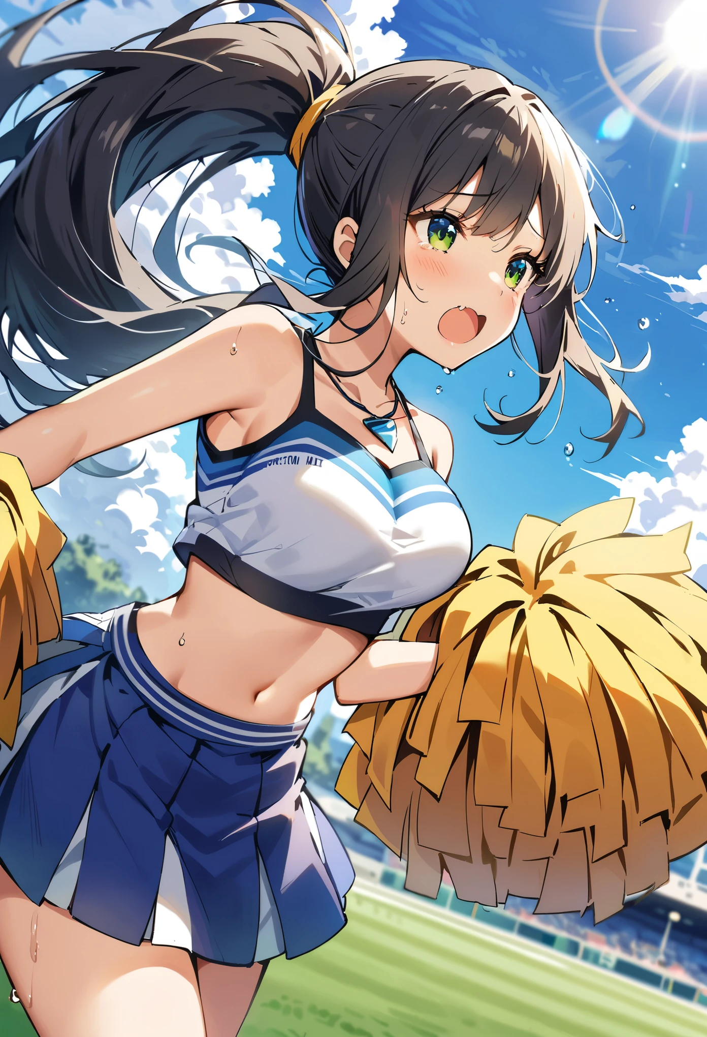 wind horse_Local,medium breasts,black hair,long hair,ponytail,green eyes,(cheerleader, crop top, super mini skirt, bare shoulders) ,(Sweat sparkling skin:1.1), outdoor,Sunlight, spotlight effect,bright sky, Blue sky and white clouds,Strong wind,(high resolution, high quality:1.1), intricate details, light, 1 girl,(red blush,cry),(necklace, bracelet),(remote gaming:1.2), (secluded_vibrating:1.2), ((Press and hold the button in the lower left corner of the screen:1.3))、