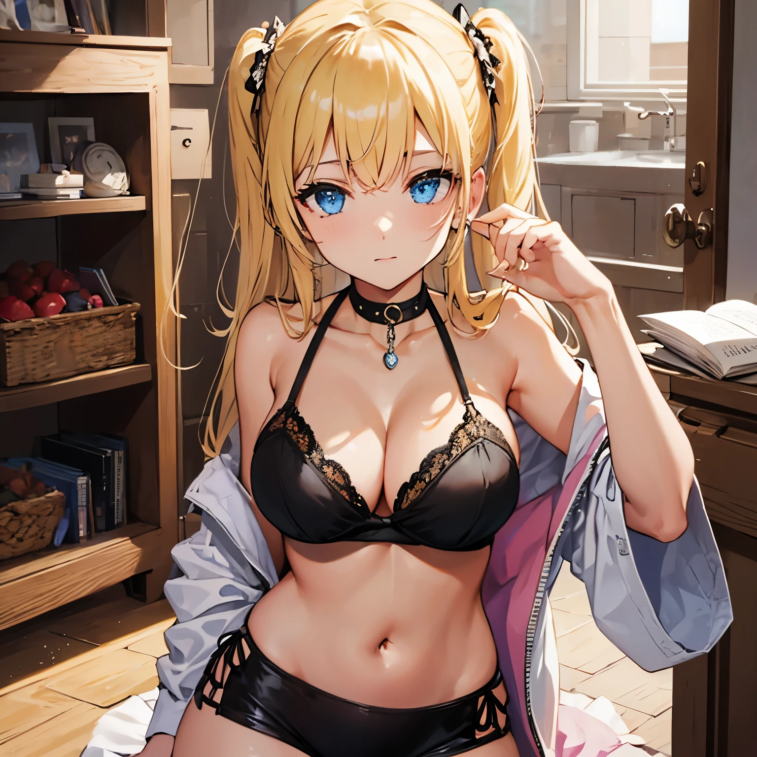 (top quality、8K、32K、Meisterwerk、UHD1.2)、a blond、seitlicher Pferdeschwanz、blaue Augen、Schwarzer Bikini、pretty face