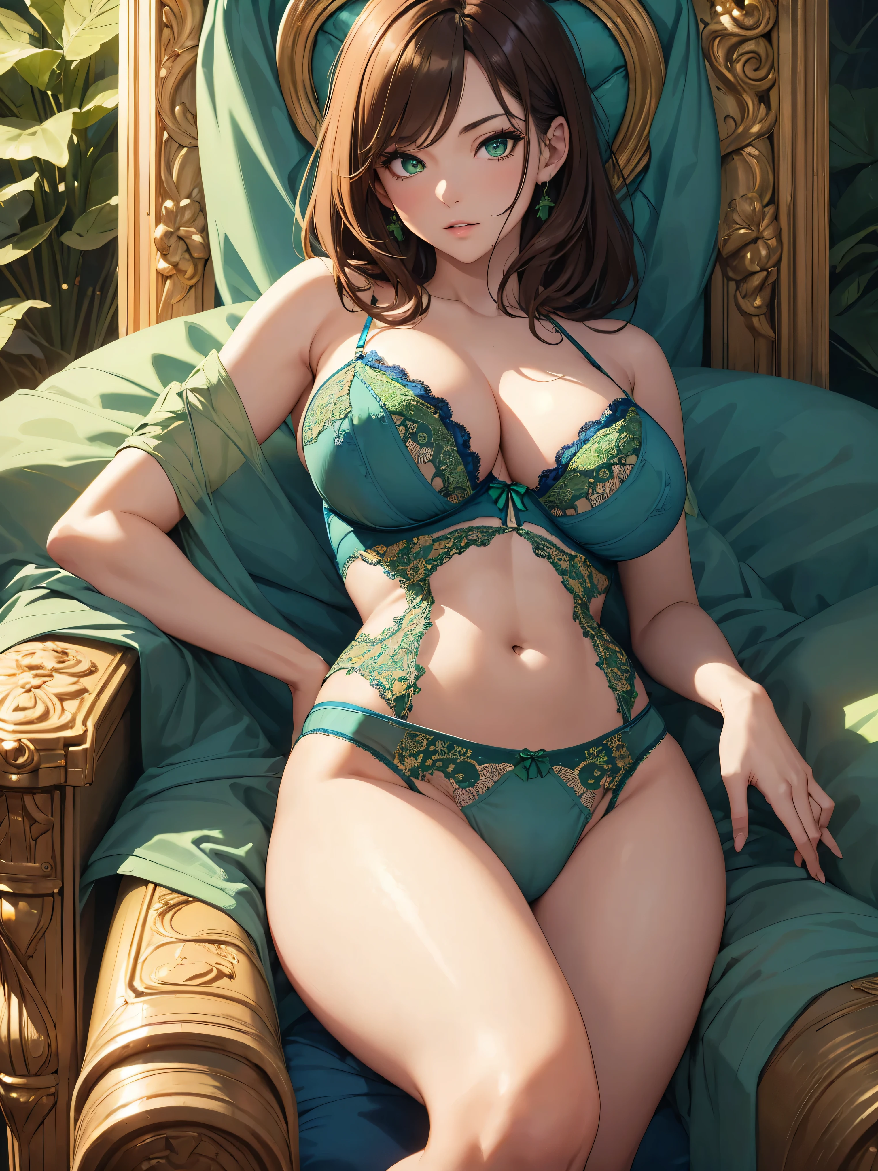 absurd, 8K, high resolution, ultra-detailed, beautiful, masterpiece, best quality, very pretty woman, young, very pretty woman, sexy, (Blue and green lingerie:1.5), orange eyes, brown hair, sexy , detailed female face, very attractive, (very large breasts:1.3)