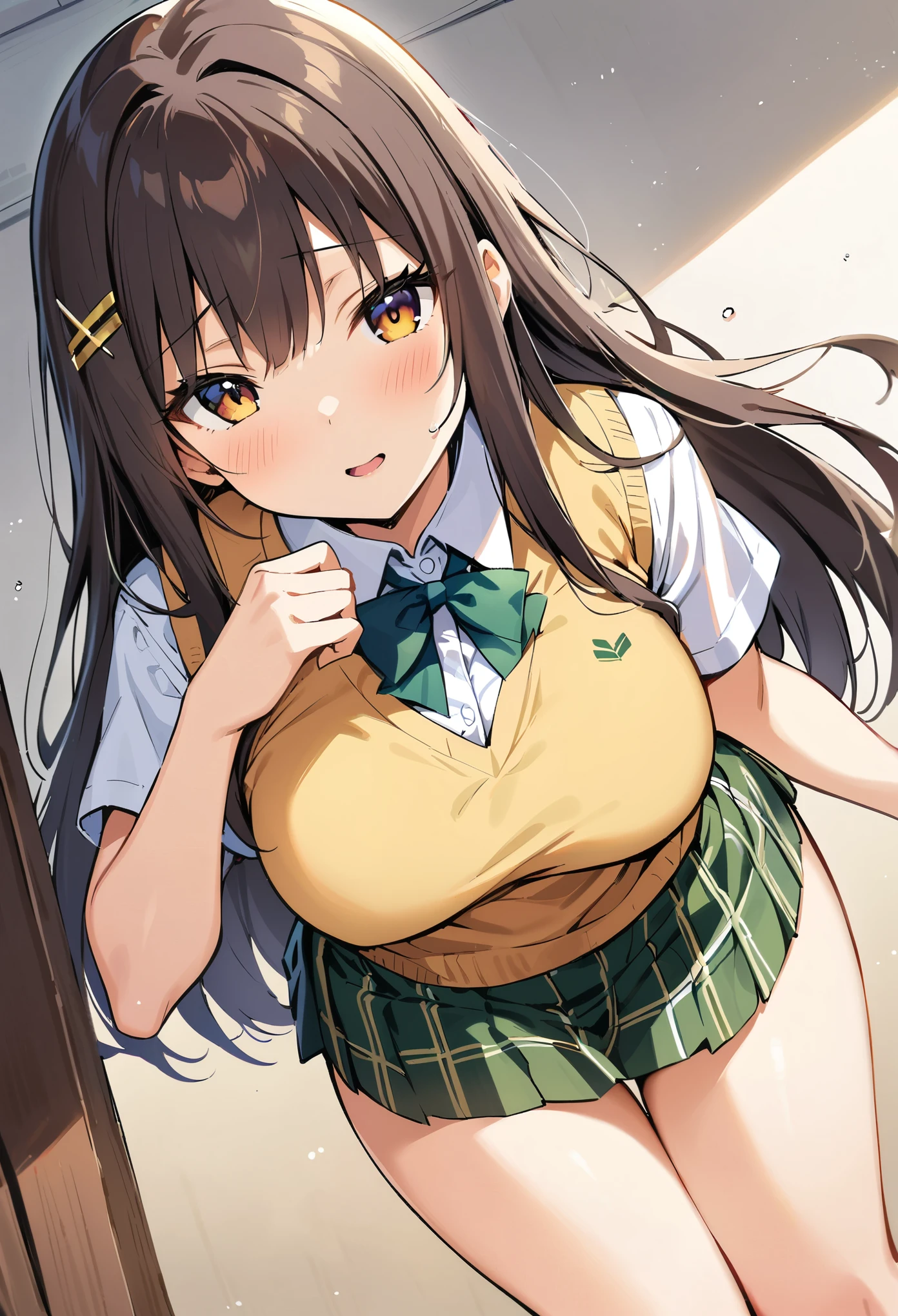 (masterpiece, best quality:1.2), 1girl, solo, Mikan Yuuki, brown eyes, brown hair, hair ornament,long hair,green plaid skirt, sainan high school uniform, school uniform, white shirt, yellow sweater vest,No leakage of underpants