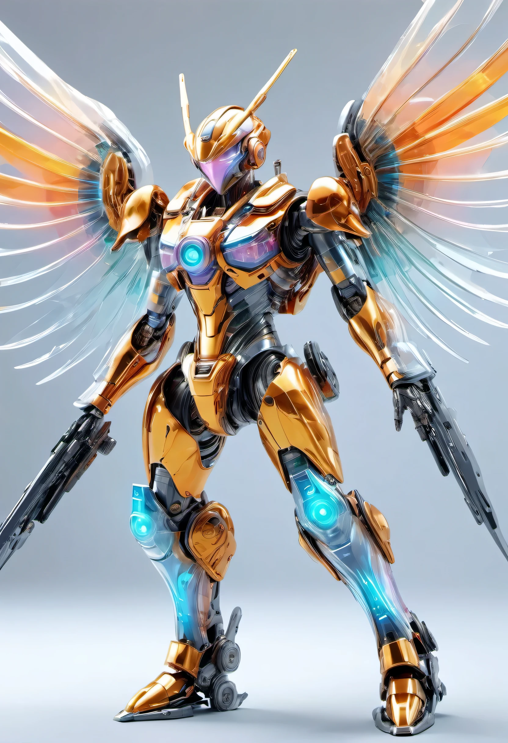 Wearing a mechanical suit, giant mechanical wings，Thousand Hands Kannon，cyberpunk, futuristic armor,arms， whole body, frontal pose, Transparent glass，rich and colorful，complicated (steel metal [rust]),