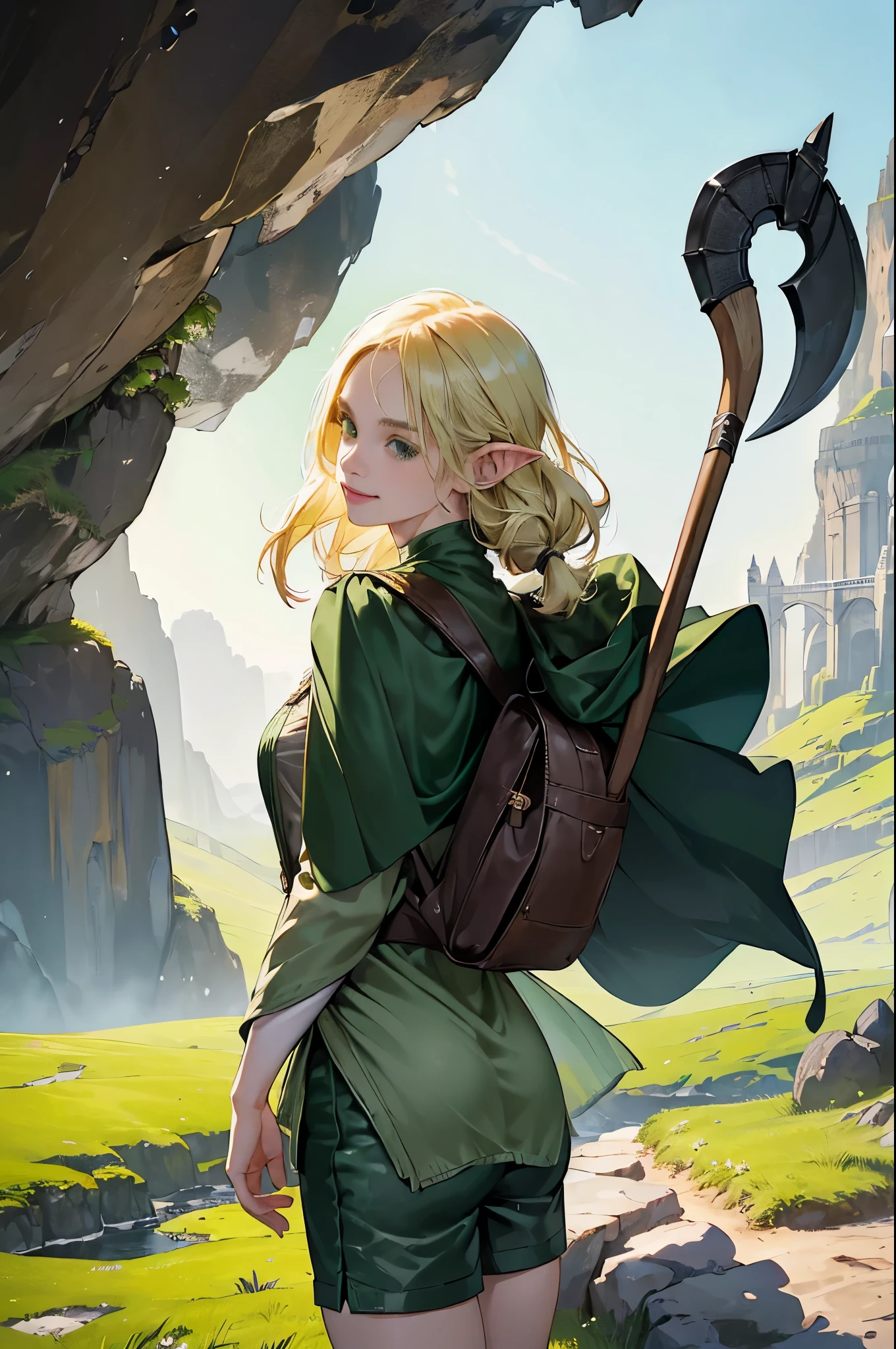 (((((girl))))), masterpiece, ultra detailed, 8K Portrait, Raw photo, woman's portrait photography, full body, Highly detailed smile face, ((Fantasy)), (((hobbit))), ((Adult)), 45 years old, 110cm, (((cave explorer))), ((white skin)), greenish blond twin tail hair, (wearing a helmet), (((dark green silk long cloak))) Fluttering in the wind, (((explorer safari jacket))), leather grooves, (((short pants))), (((large back pack))), (((equip a pickaxe))), Midday sun, Hyper realistic, Slender body, by the foggy castle, Ambient lighting, Shadow details , Camera focus on face, strong breeze, Light fog