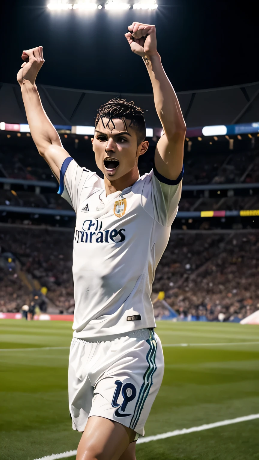 Cristiano Ronaldo standing confidently on a soccer field, clad in his team's jersey, with the stadium lights illuminating the pitch behind him. He raises his arms in triumph, celebrating a victorious goal, with an intense yet determined expression on his face."