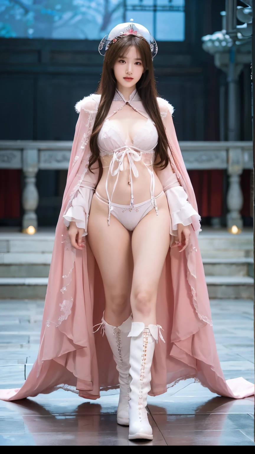 beautiful and delicate woman,The details of the eyes and face are very rich, exquisite eyes, super detailed, High resolution, The content is very detailed,best quality,EnLightenment,Unite,8k wallpaper,masterpiece,best quality,imagine,1 girl,China costume, Wear sexy white bikini armor,metal style, big breasts, high-cut underwear, 盔甲有圖案metal style的, Big red priest cloak,priest hat,standing posture,long legs,Put on pink blue and white boots,look at the audience,Face the audience,flowing long hair,Surreal 8000g,Impeccable,masterpiece,professional artwork,famous artwork,Light,movie bloom,perfect face,pretty face,fantasy,Dreamy and magical,not real,intricate details,Exquisite pattern…Korean woman’s face