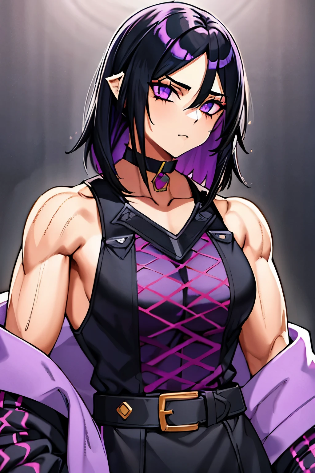 a girl with black messy hair shoulder length, wearing a purple coat, black makeup, wearing choker, strong, muscular, buff, defined, flat chest