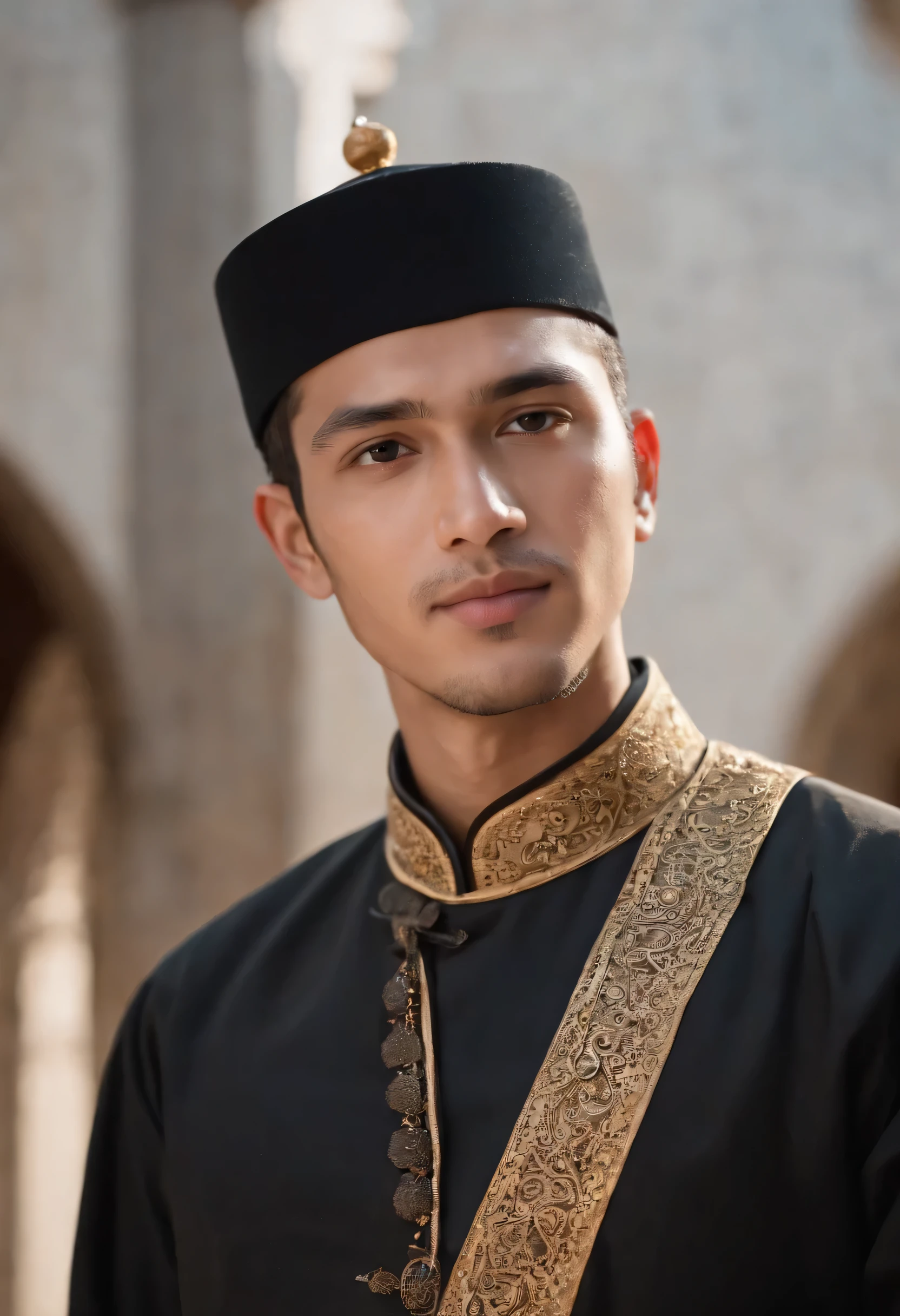A Muslim man dressed in black traditional attire, wearing a black peci kopiah cap, a black mandarin collar suit, and a black kin sarung, standing in front of a mosque.
(best quality, 4k, 8k, highres, masterpiece:1.2), ultra-detailed, (realistic, photorealistic, photo-realistic:1.37), HDR, UHD, studio lighting, ultra-fine painting, sharp focus, physically-based rendering, extreme detail description, professional, vivid colors, bokeh.
Portrait, traditional, cultural, spiritual, reverence, elegance, symmetry, harmony, devotional, calm.
Warm color palette, with shades of gold, brown, and black.
Soft, diffused lighting, casting gentle shadows on the man's face and clothing.