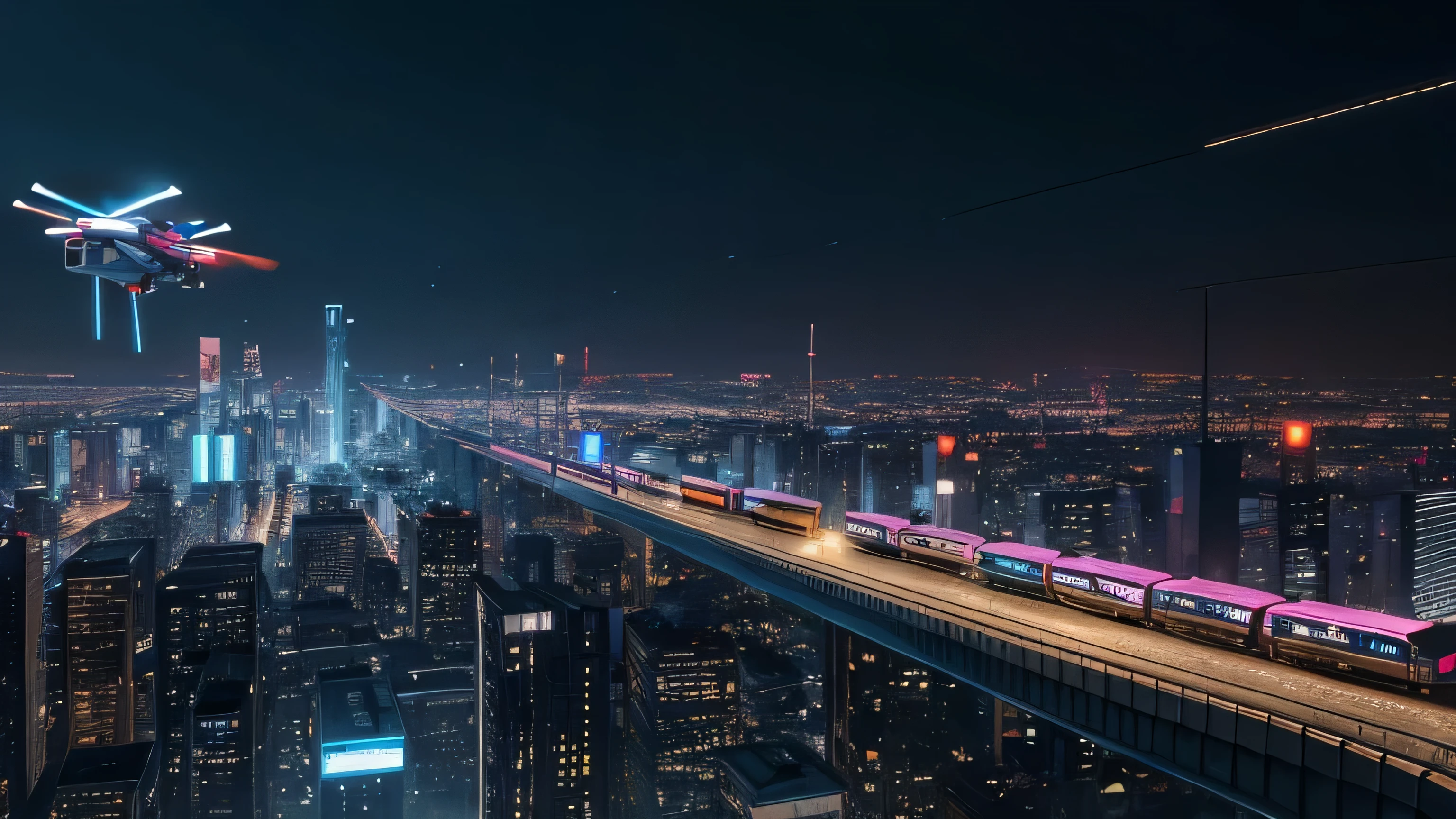 A dystopian cityscape with holographic billboards, autonomous drones delivering packages, and a network of trains suspended in the air.