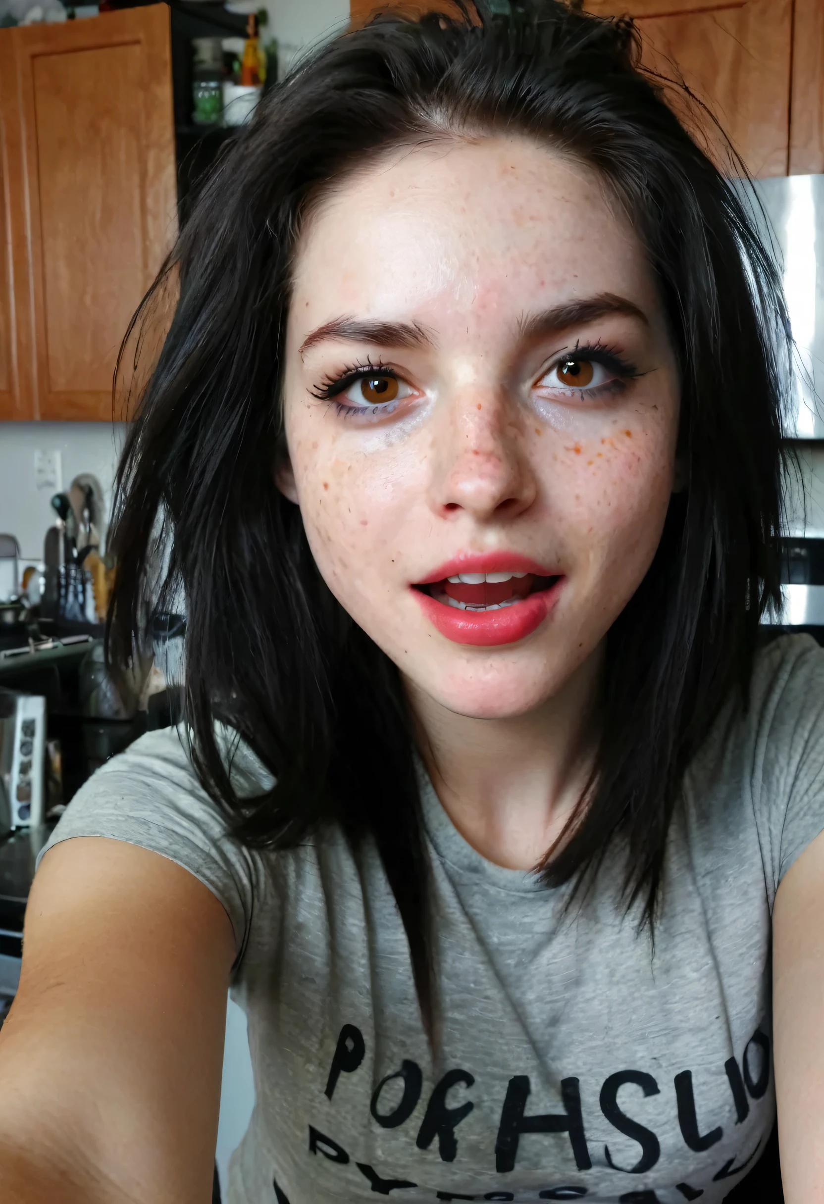 A selfie of a creepy crazy mentality unstable, psychotic, psycho, psychopathic, female narcissist with black hair and dark brown eyes and freckles, realistic, real, realistic highly detailed inside a kitchen