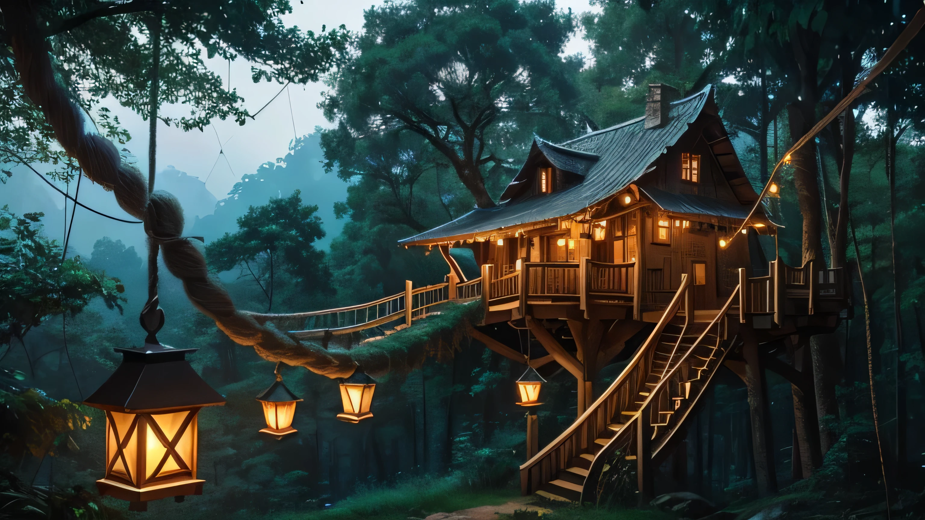 A giant treehouse village nestled in an ancient forest, connected by rope bridges and lit by fireflies.