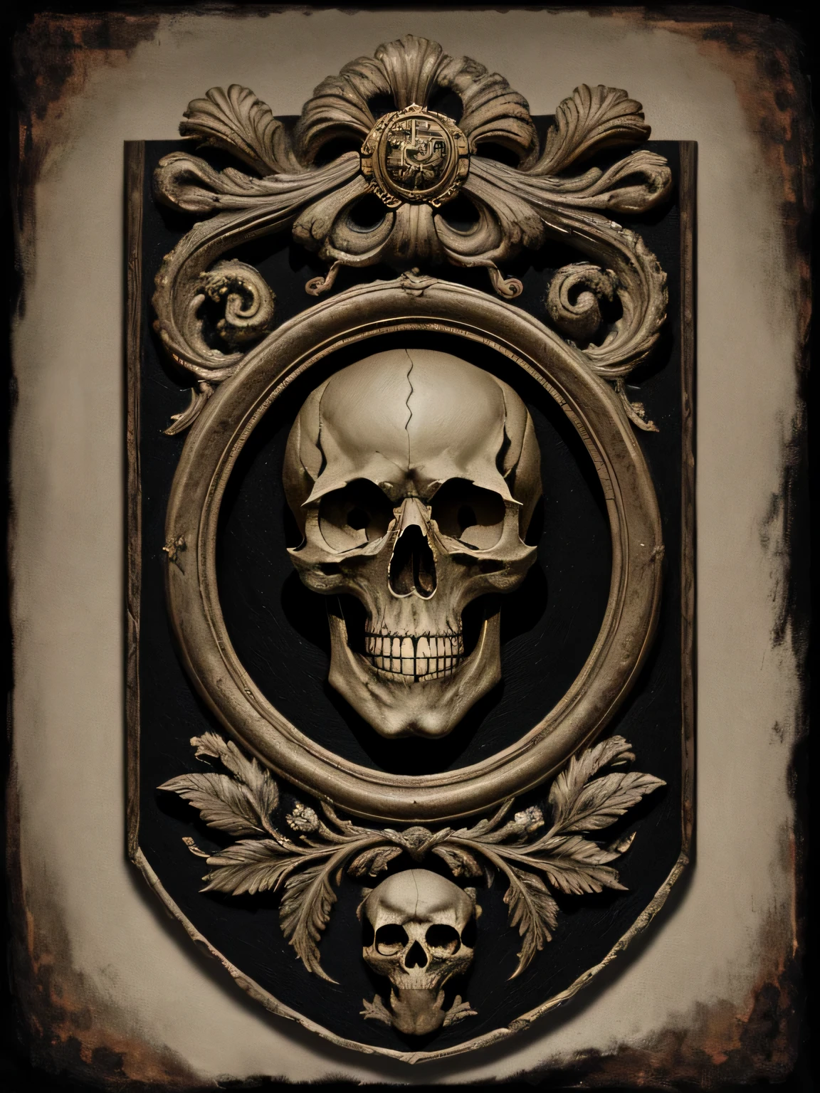 the front cover of an ancient medieval English codex, black and grey and gold parchment, black ink text, black ink lettering, skull illustrations, death illustrations, small magical symbols, view from above, centred, extremely high details, scruffy:1.5, rough1:5, stained:1.5, bright natural colours:1.0